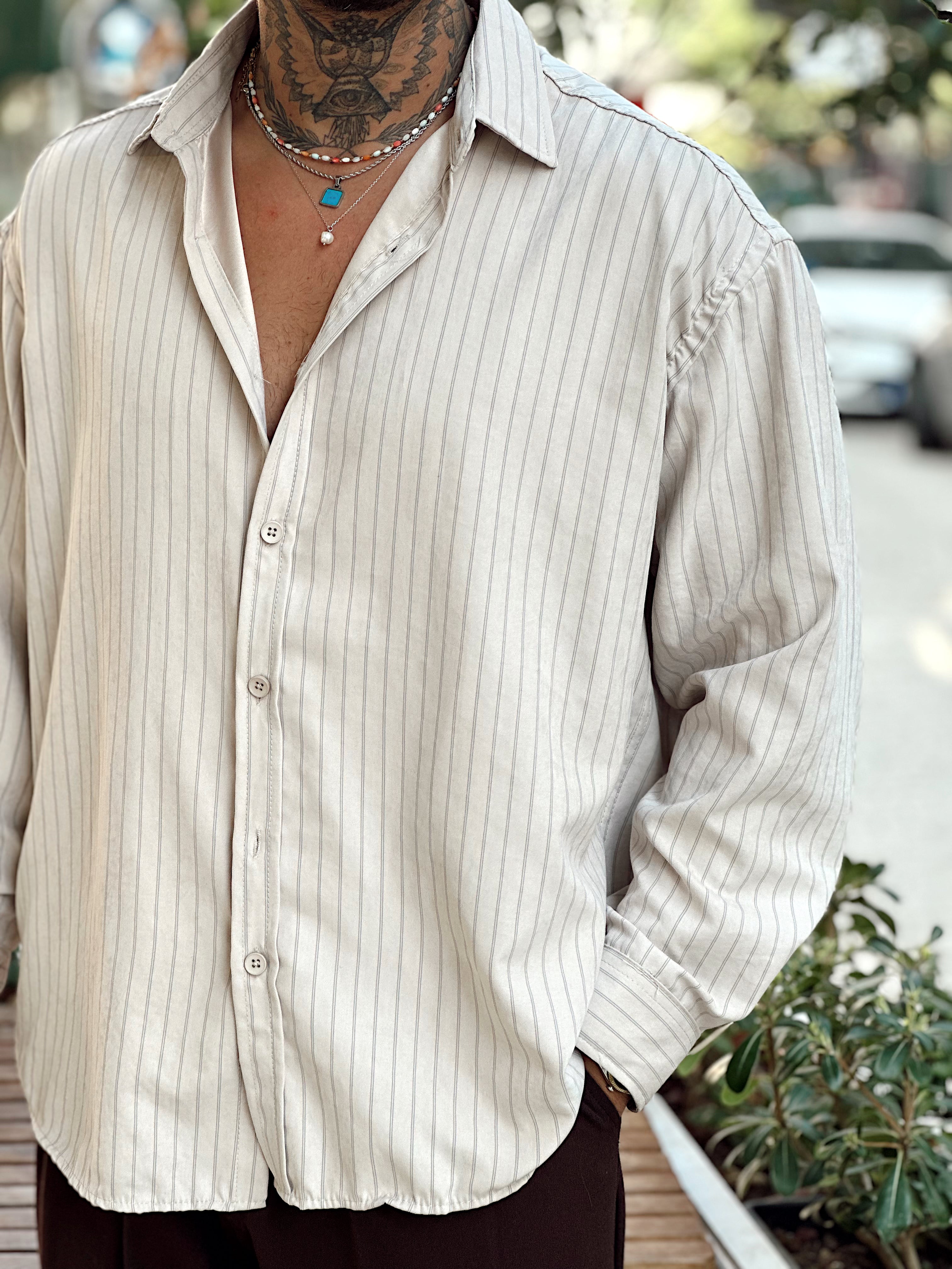 MG4009 - Oversize Çizgili Modal Gömlek krem