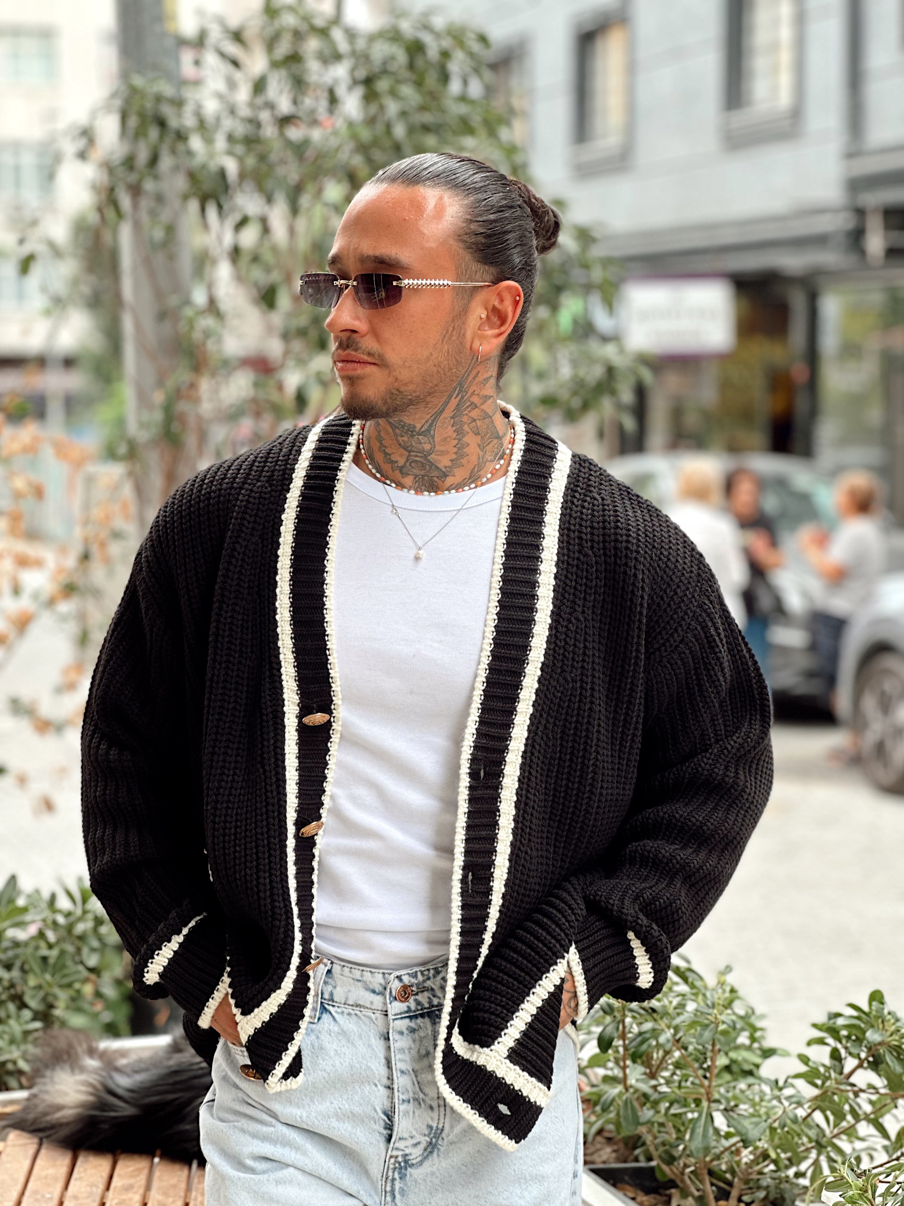 MS4004 - Old Money Çift Renk Örme Hırka siyah