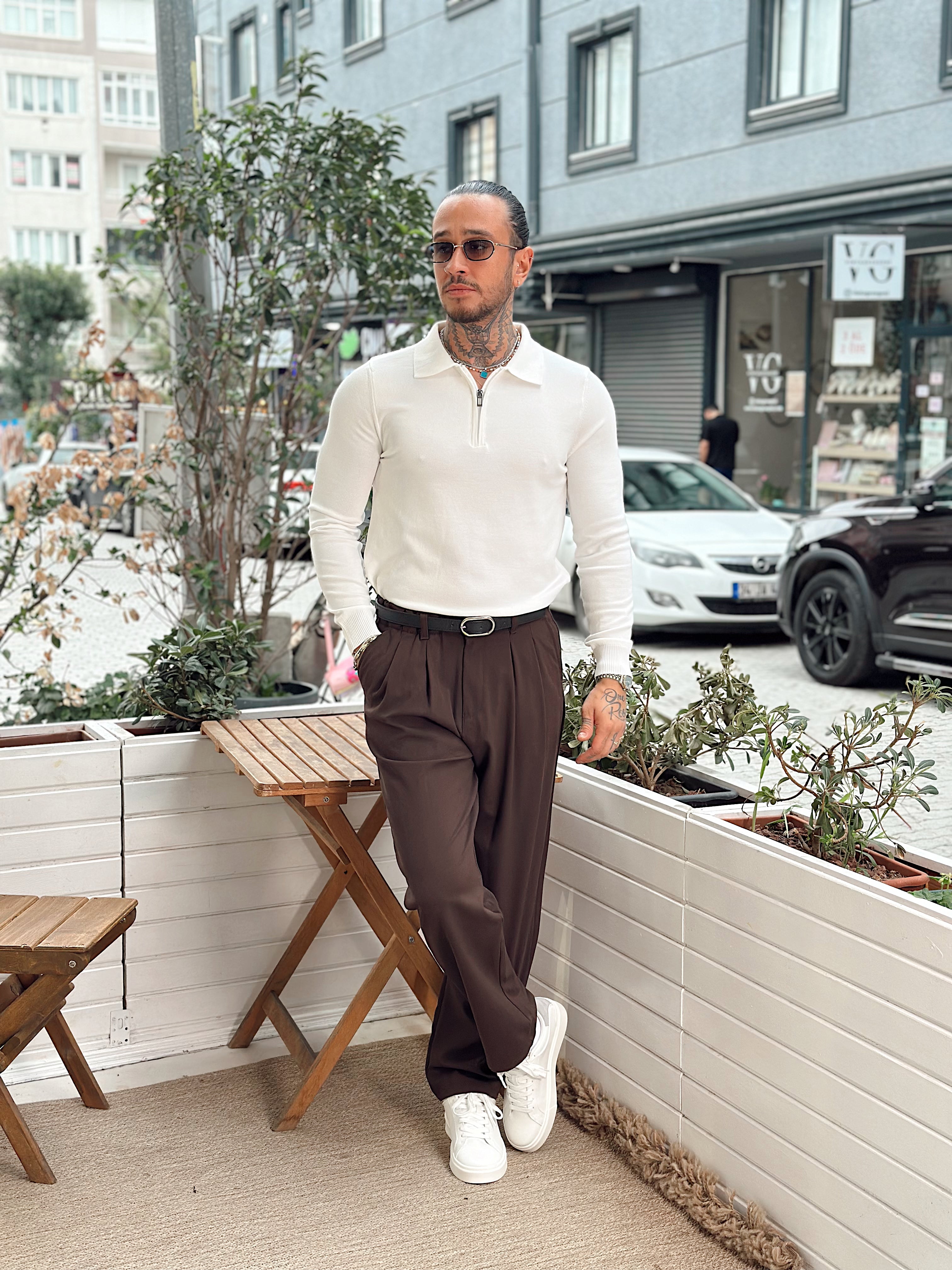 MS4089 - Yakası Fermuarlı Basic Sweatshirt beyaz