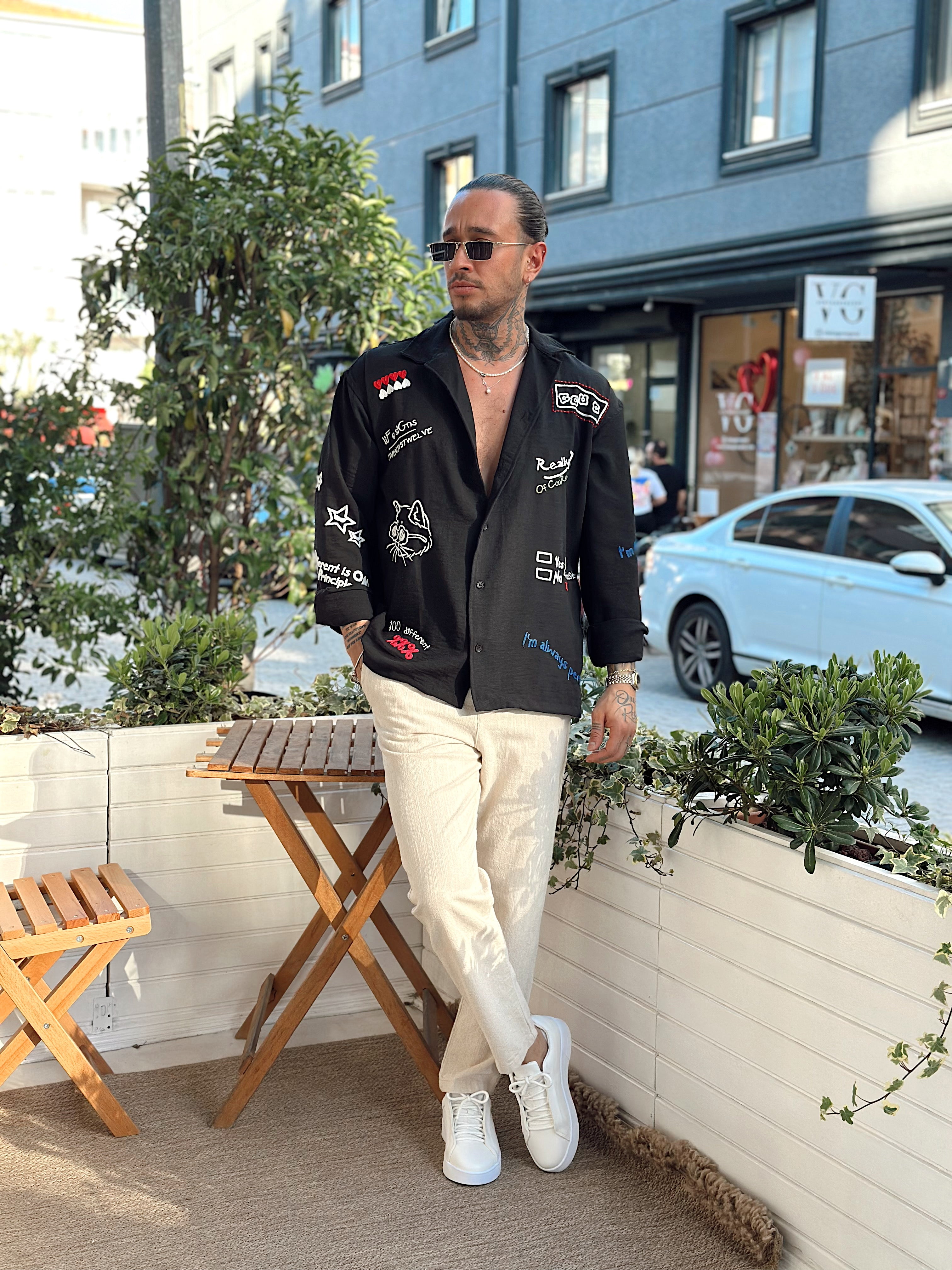 MG2876 - Oversize Yazılı Nakışlı Keten Gömlek siyah