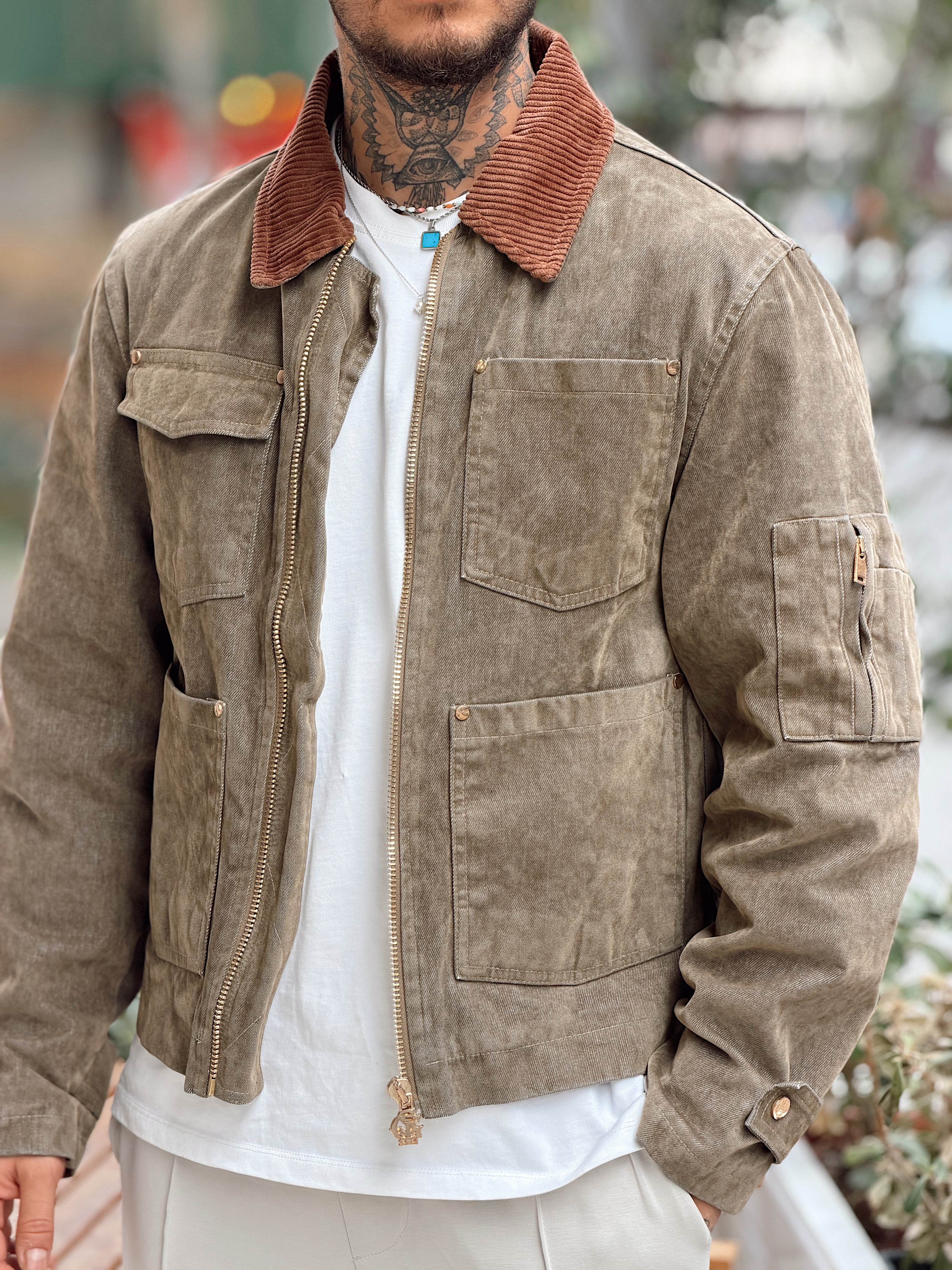 MC4107 - Giesto Çift Renk Cep Detaylı Kadife Ceket haki