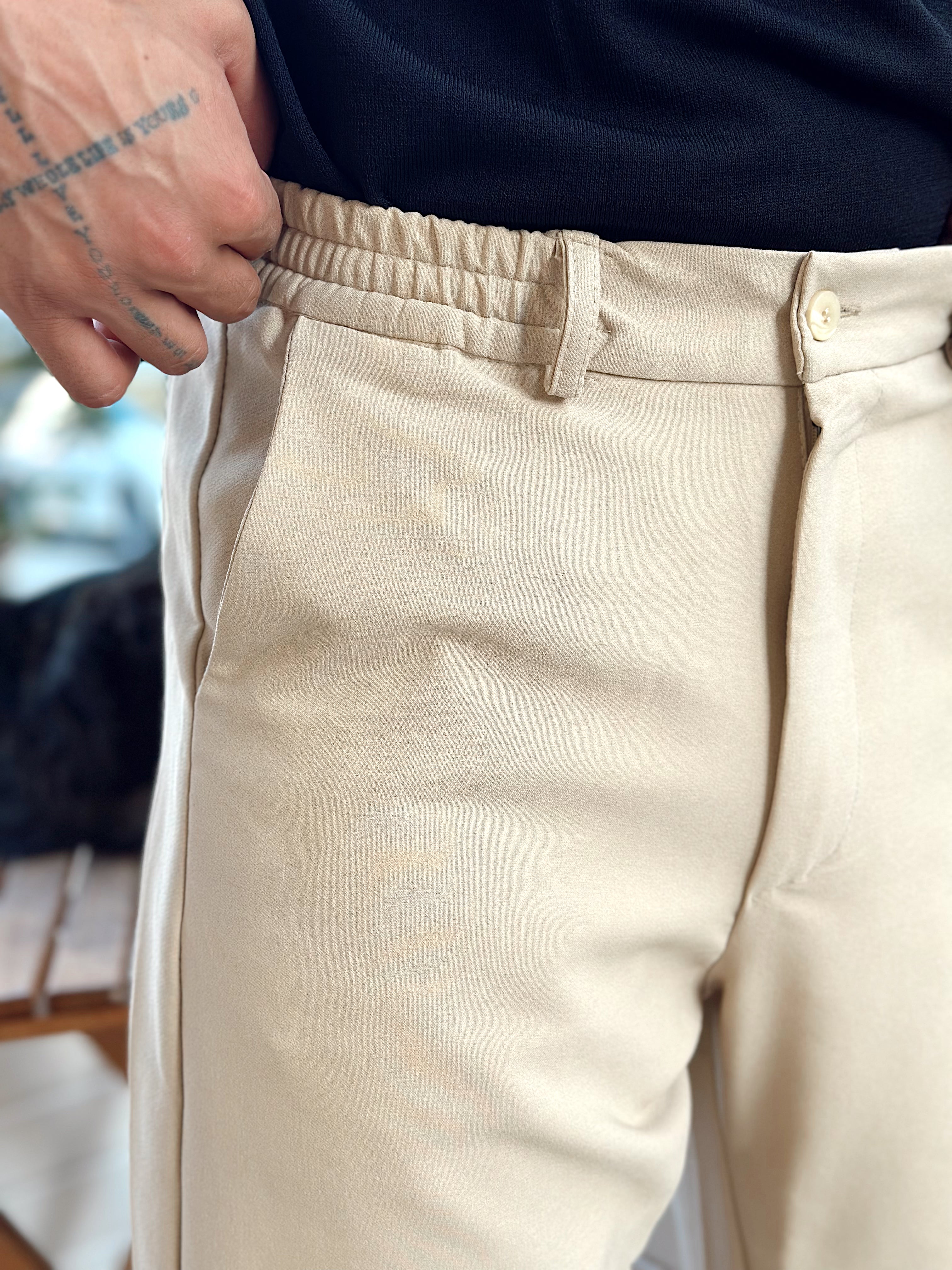 MP3239 -Baggy Basic Tek Düğmeli Jogger Pantolon krem