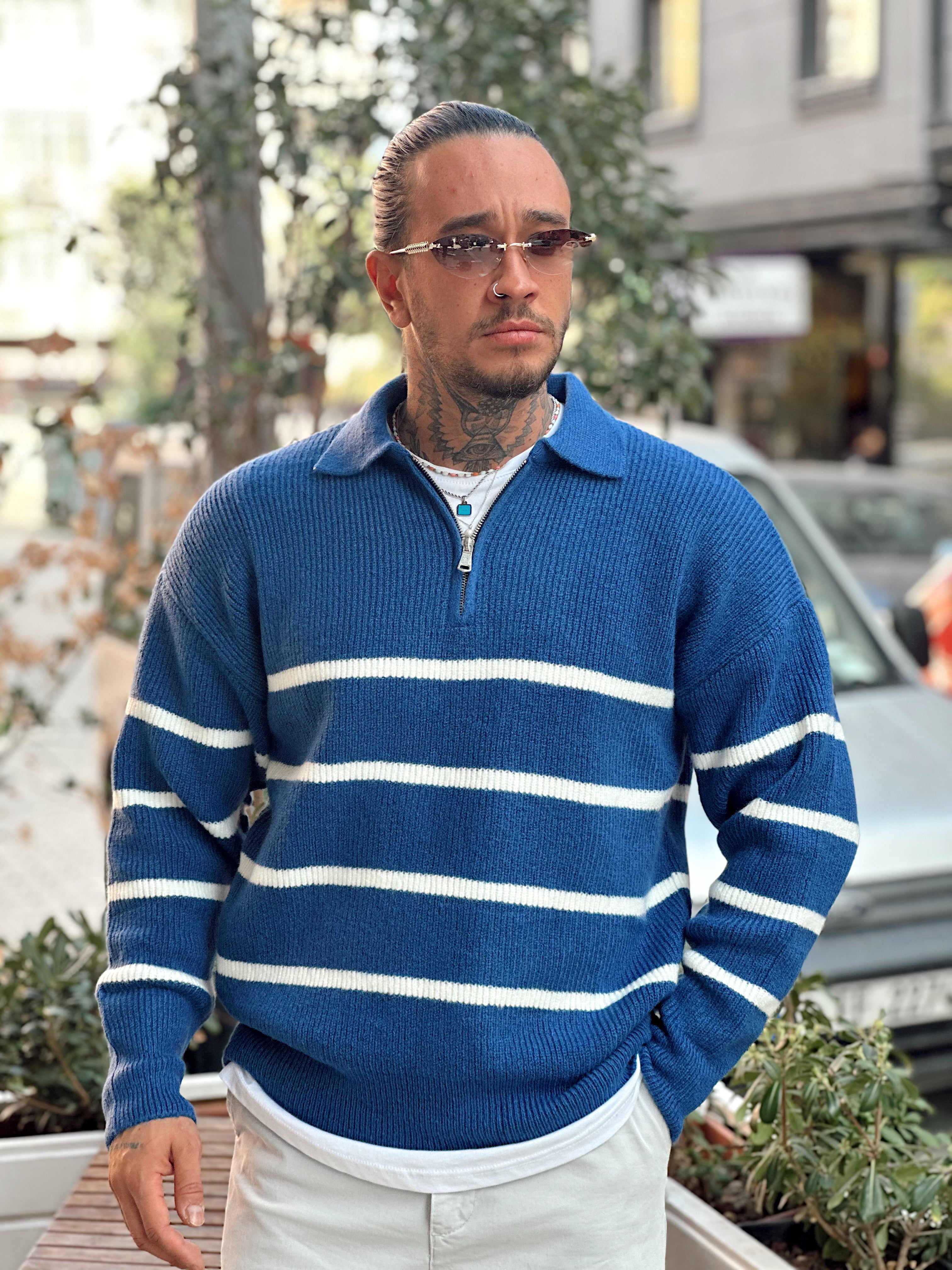 MS4052 - Çizgili Yakası Fermuarlı Polo Yaka Triko Mavi-Beyaz