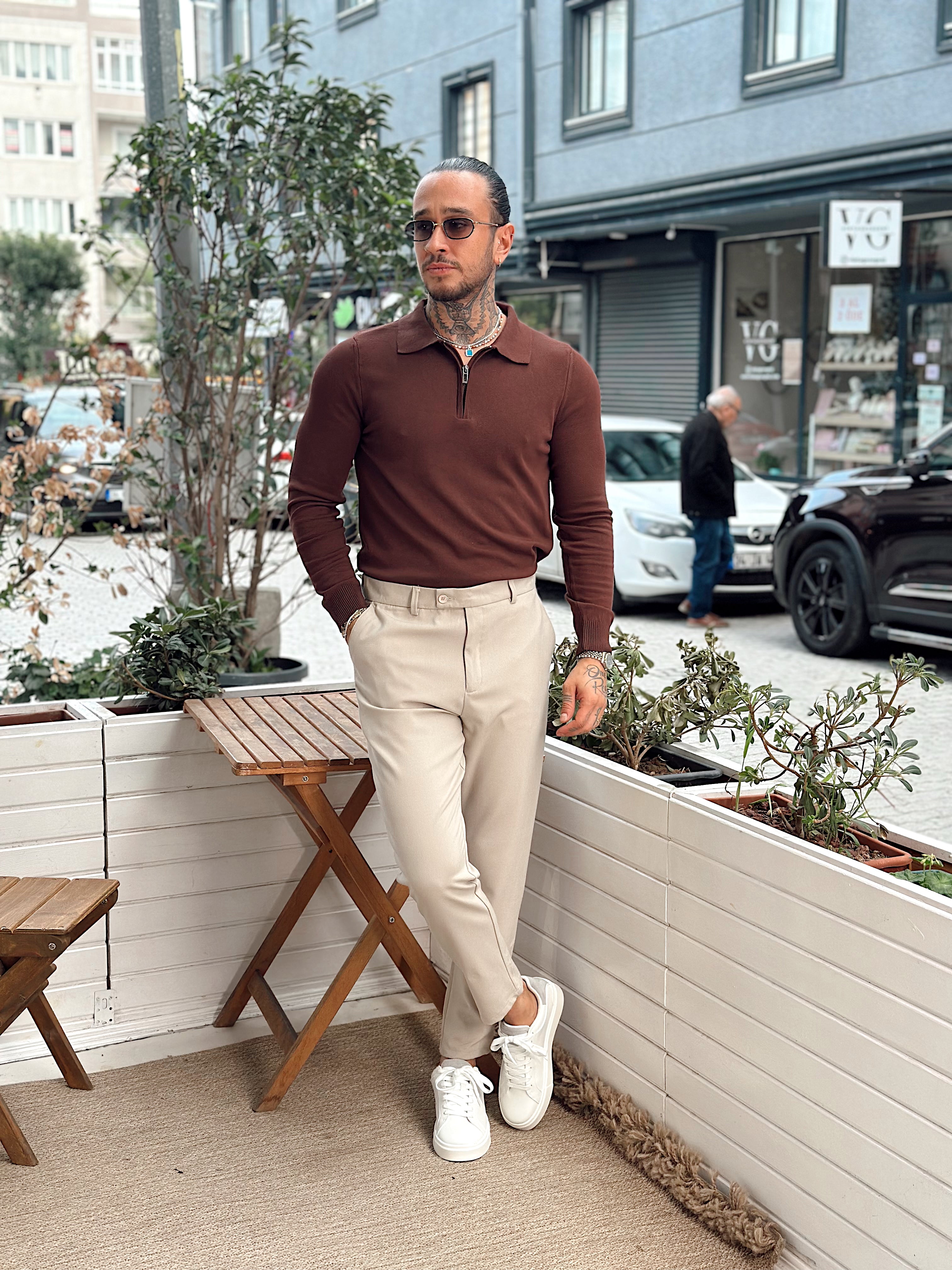 MS4089 - Yakası Fermuarlı Basic Sweatshirt kahve