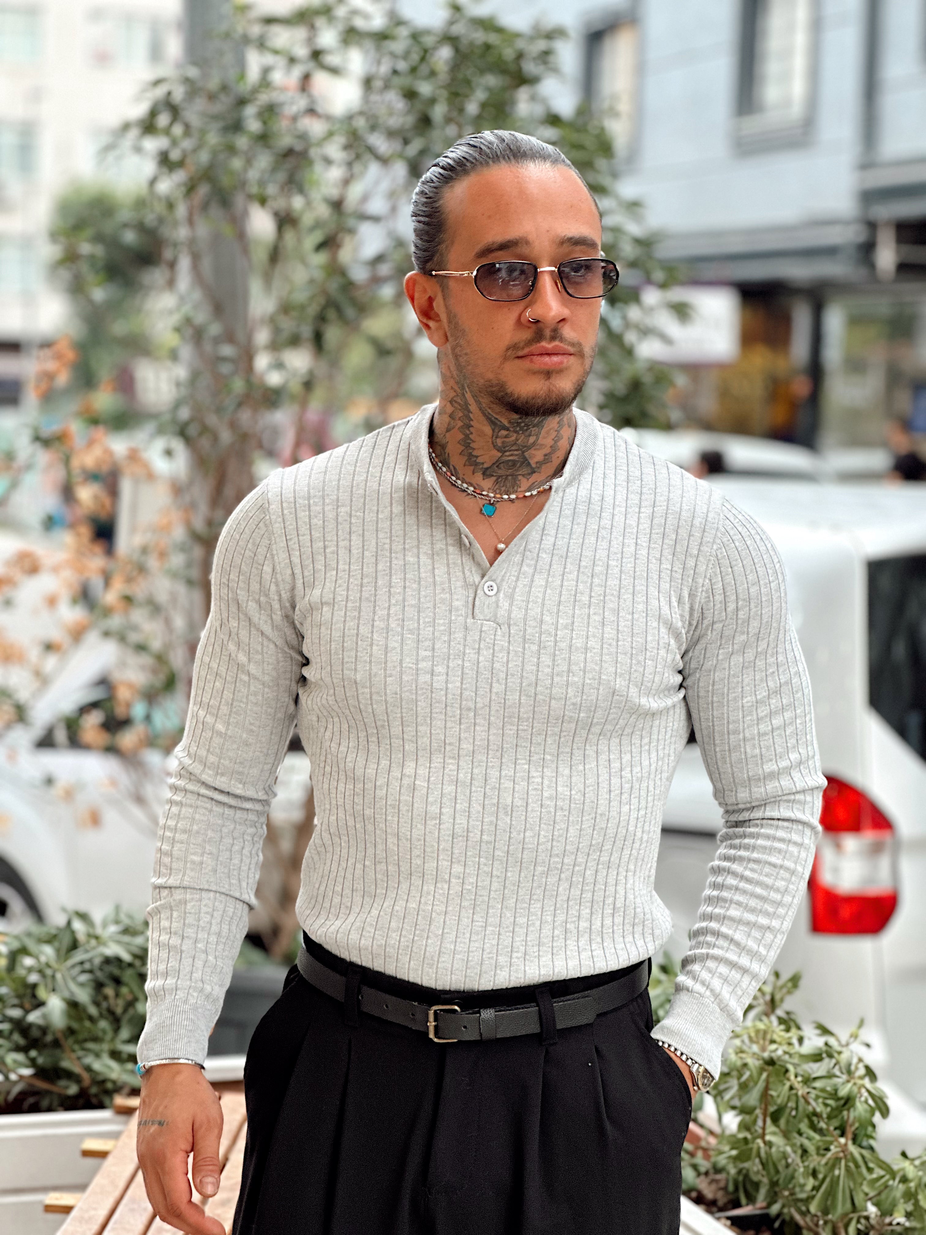 MS4057 - Fitilli Yakası Düğmeli Sweatshirt gri
