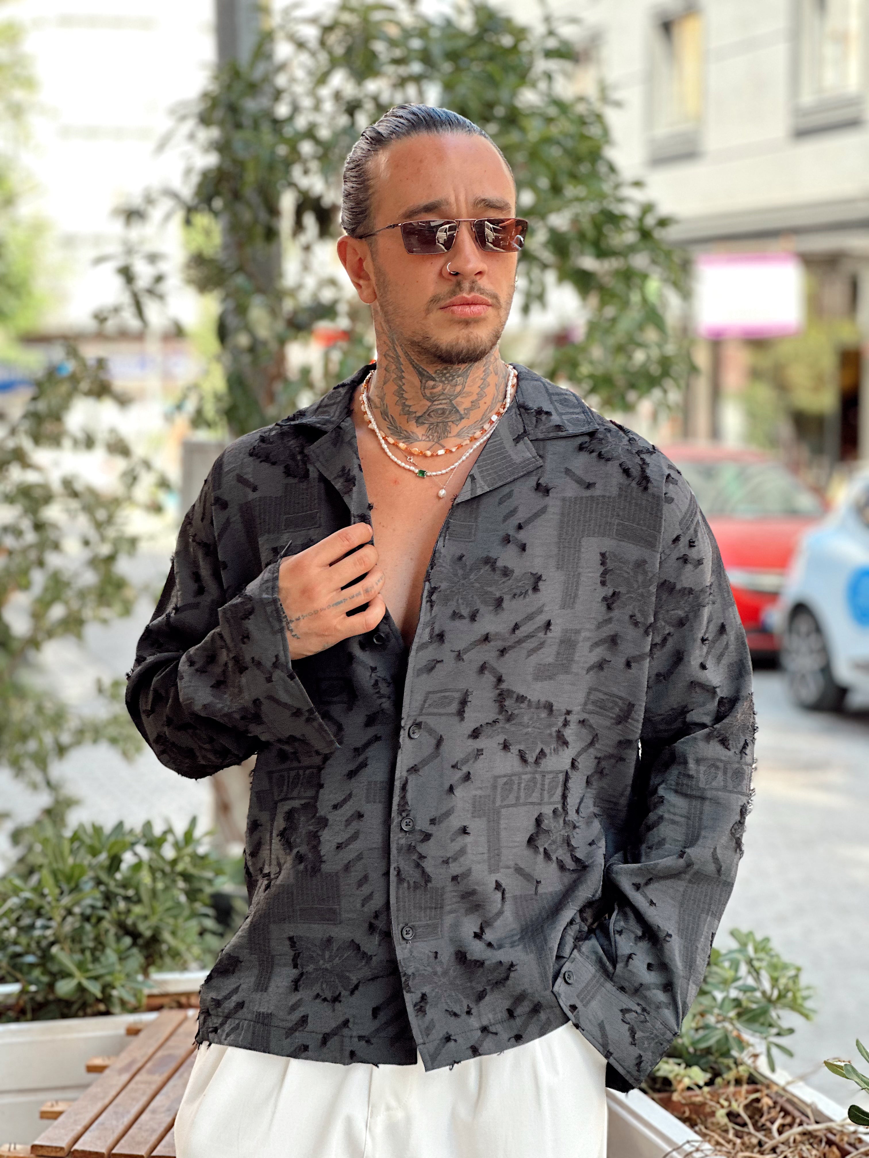 MG3021 -Oversize Püskül Detaylı Gömlek siyah