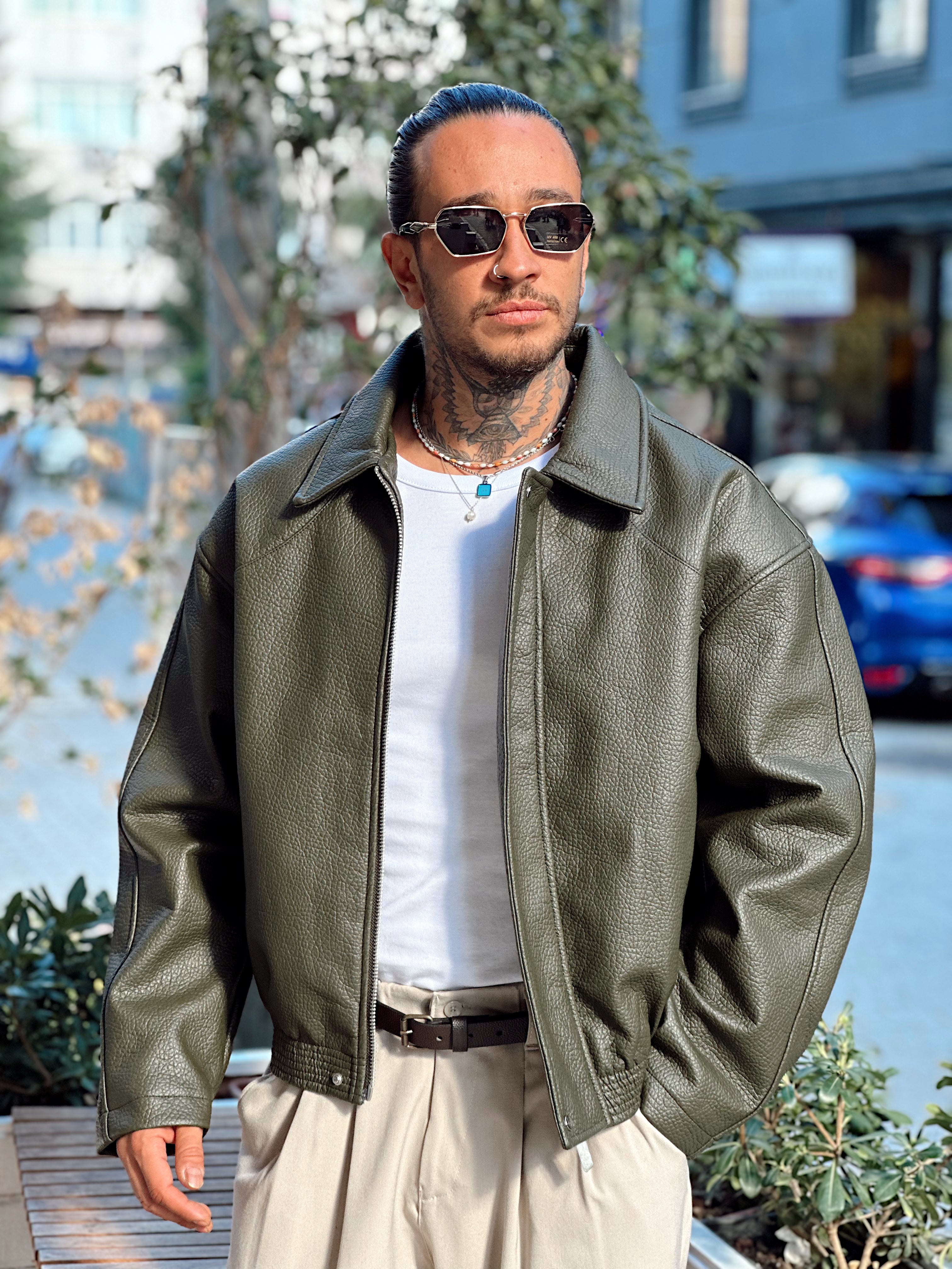 MM4024 - Oversize Yıkamalı Deri Mont yeşil