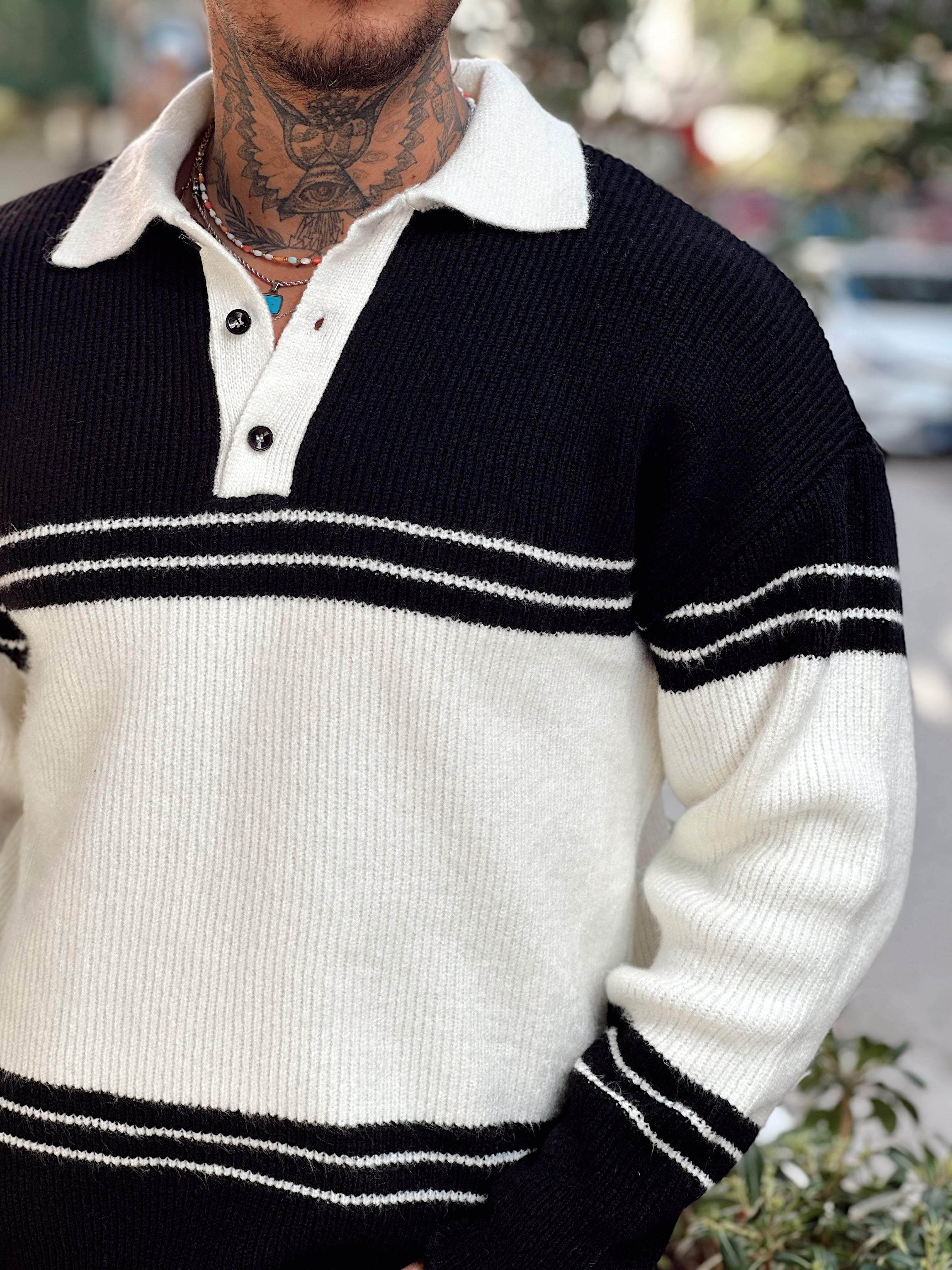 MS4037 - Çift Renk Vanc Triko Polo Yaka Siyah