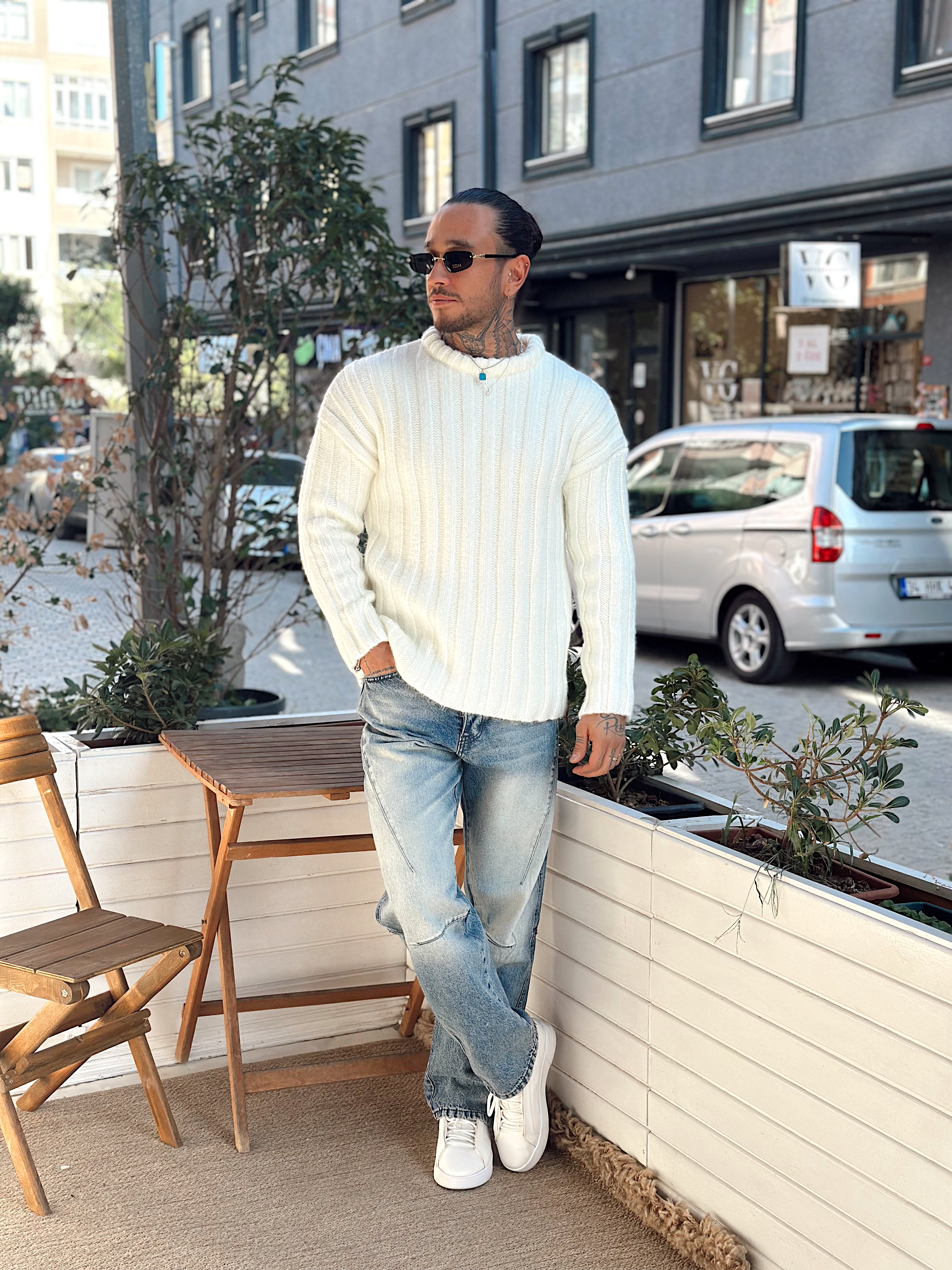 MS4008 - Kendinden Şeritli Yarım Balıkçı Sweatshirt Ekru