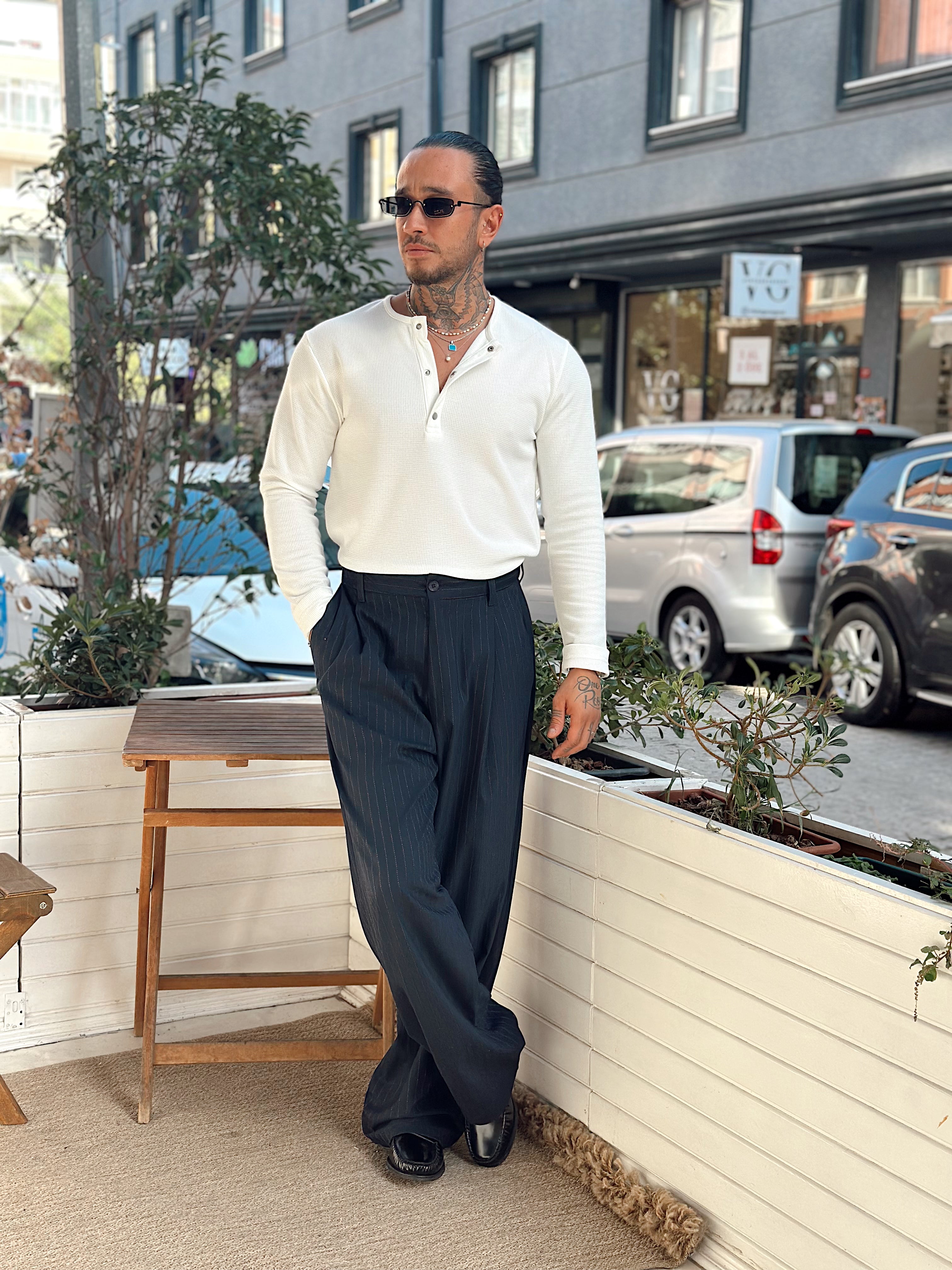 MS4043 - Basic Yaka ÇıtÇıtlı Waffle Kumaş Sweatshirt Beyaz