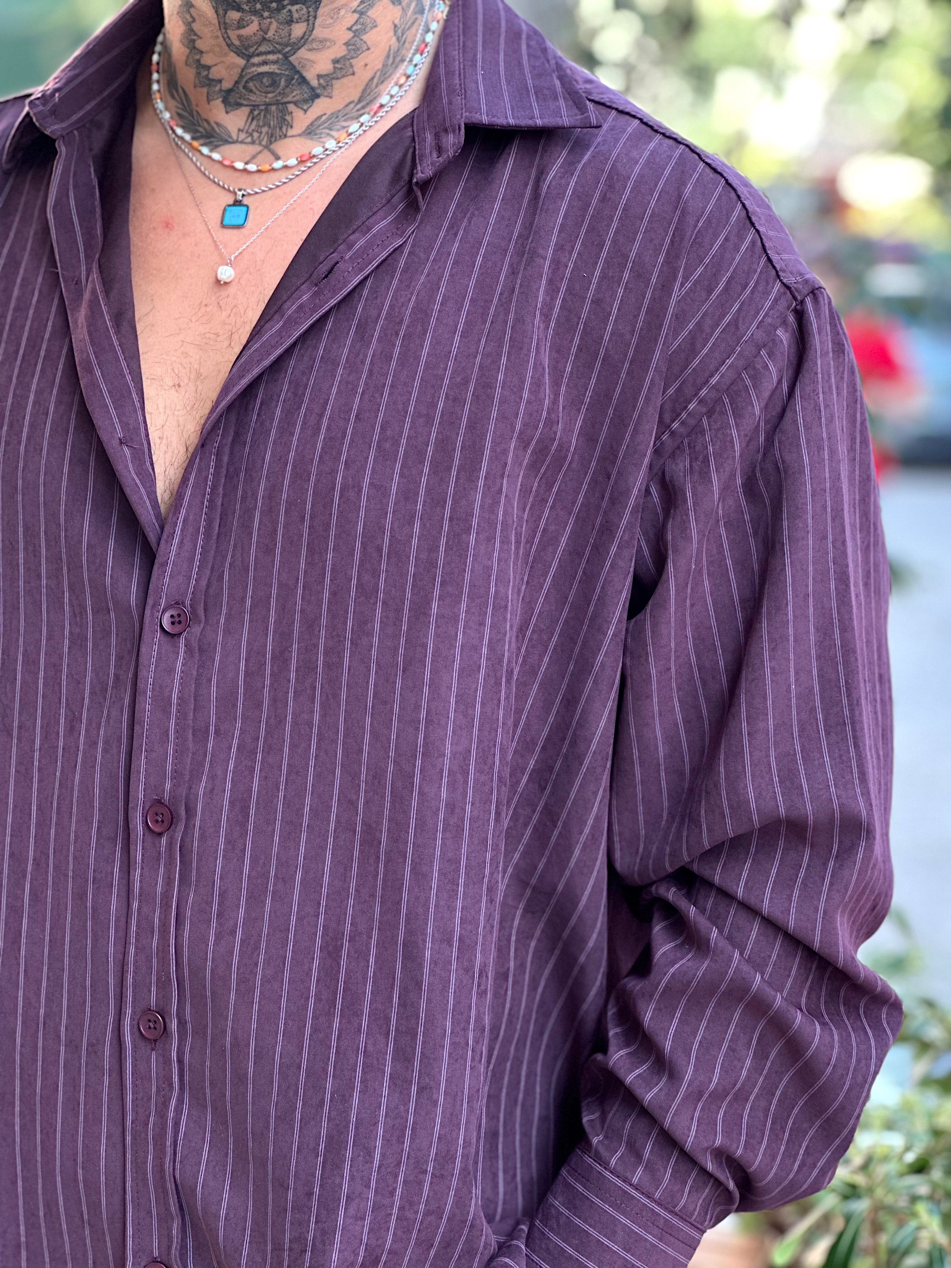 MG4009 - Oversize Çizgili Modal Gömlek Bordo