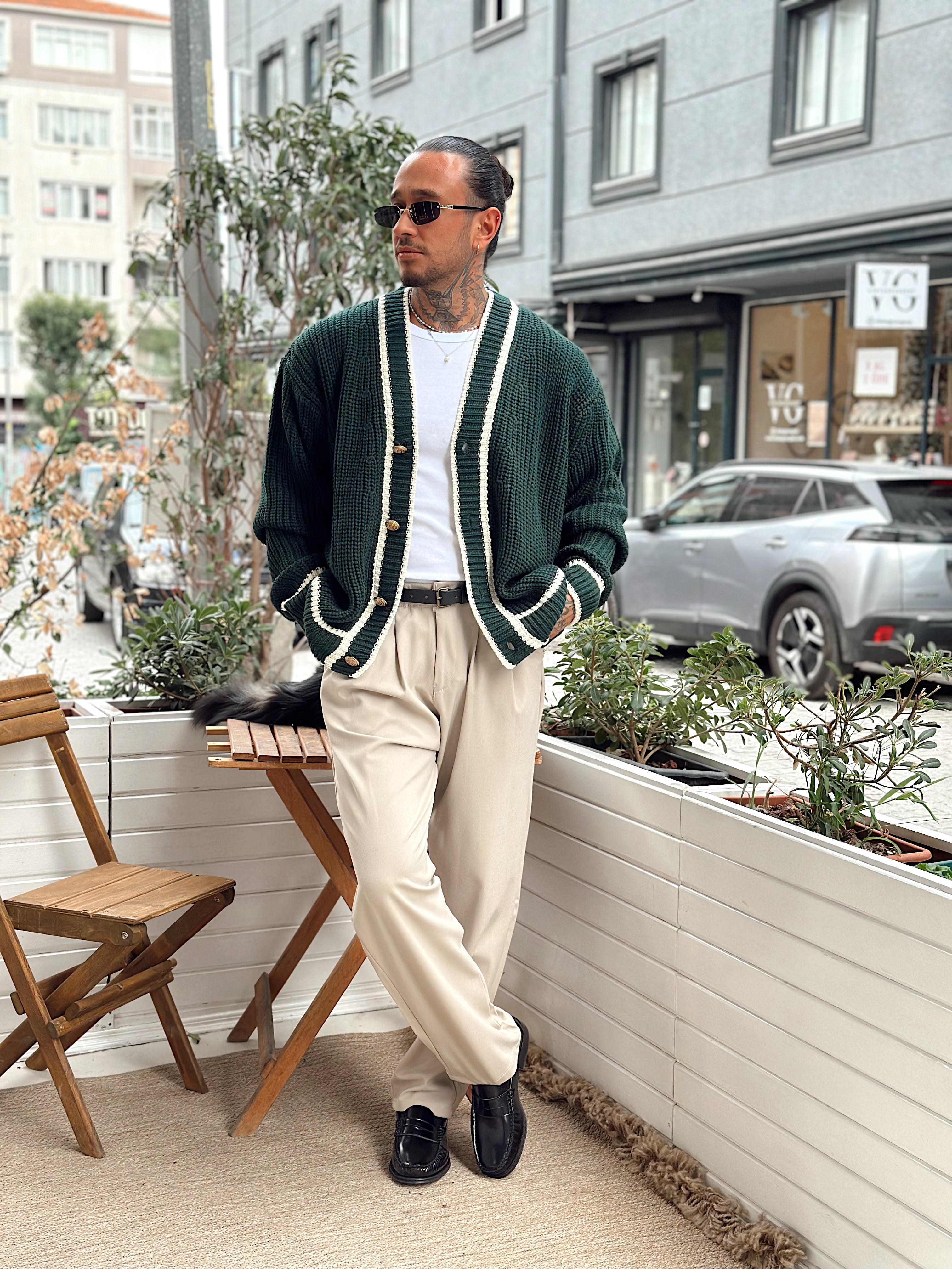 MS4004 - Old Money Çift Renk Örme Hırka yeşil