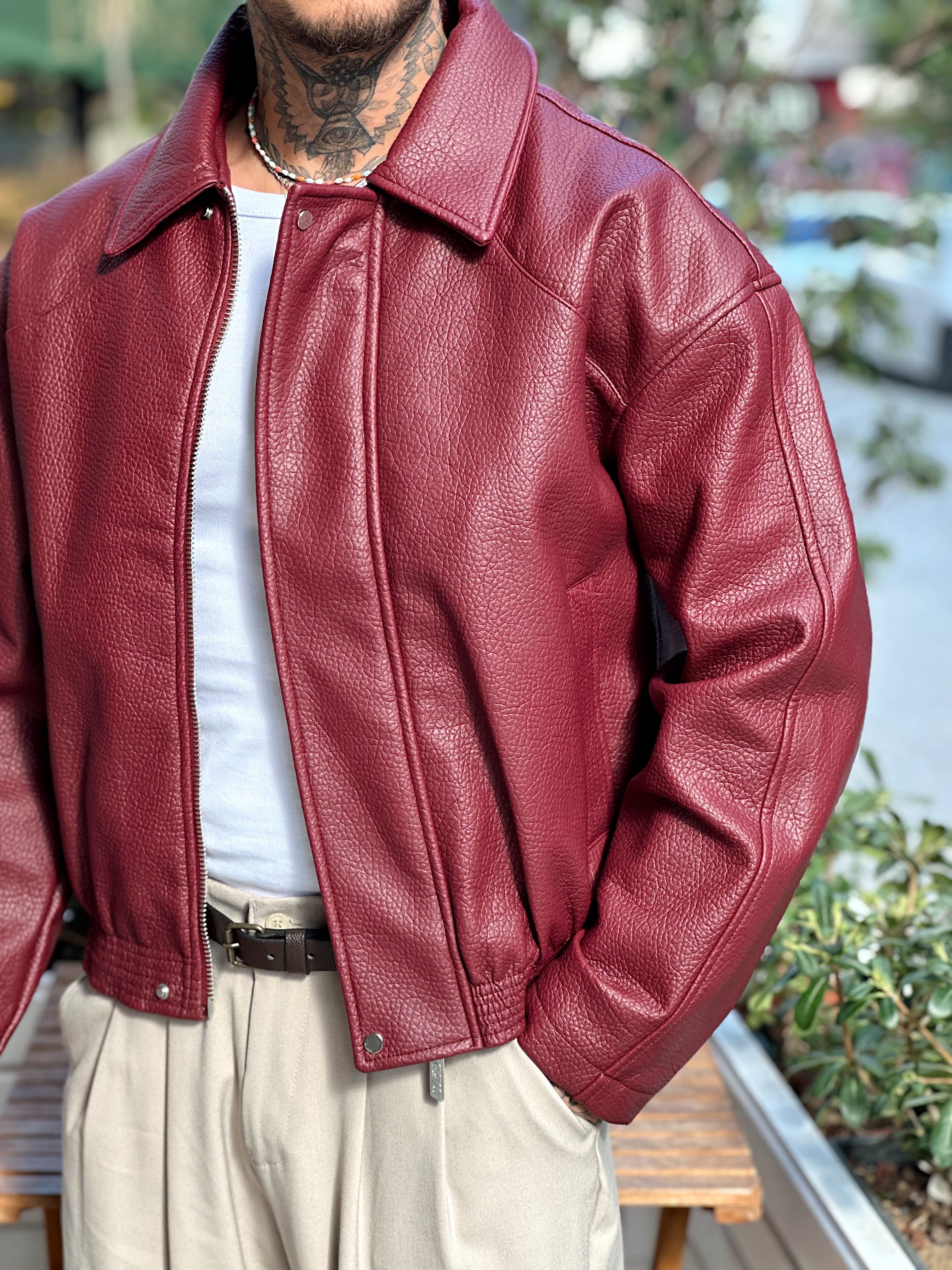 MM4024 - Oversize Yıkamalı Deri Mont bordo
