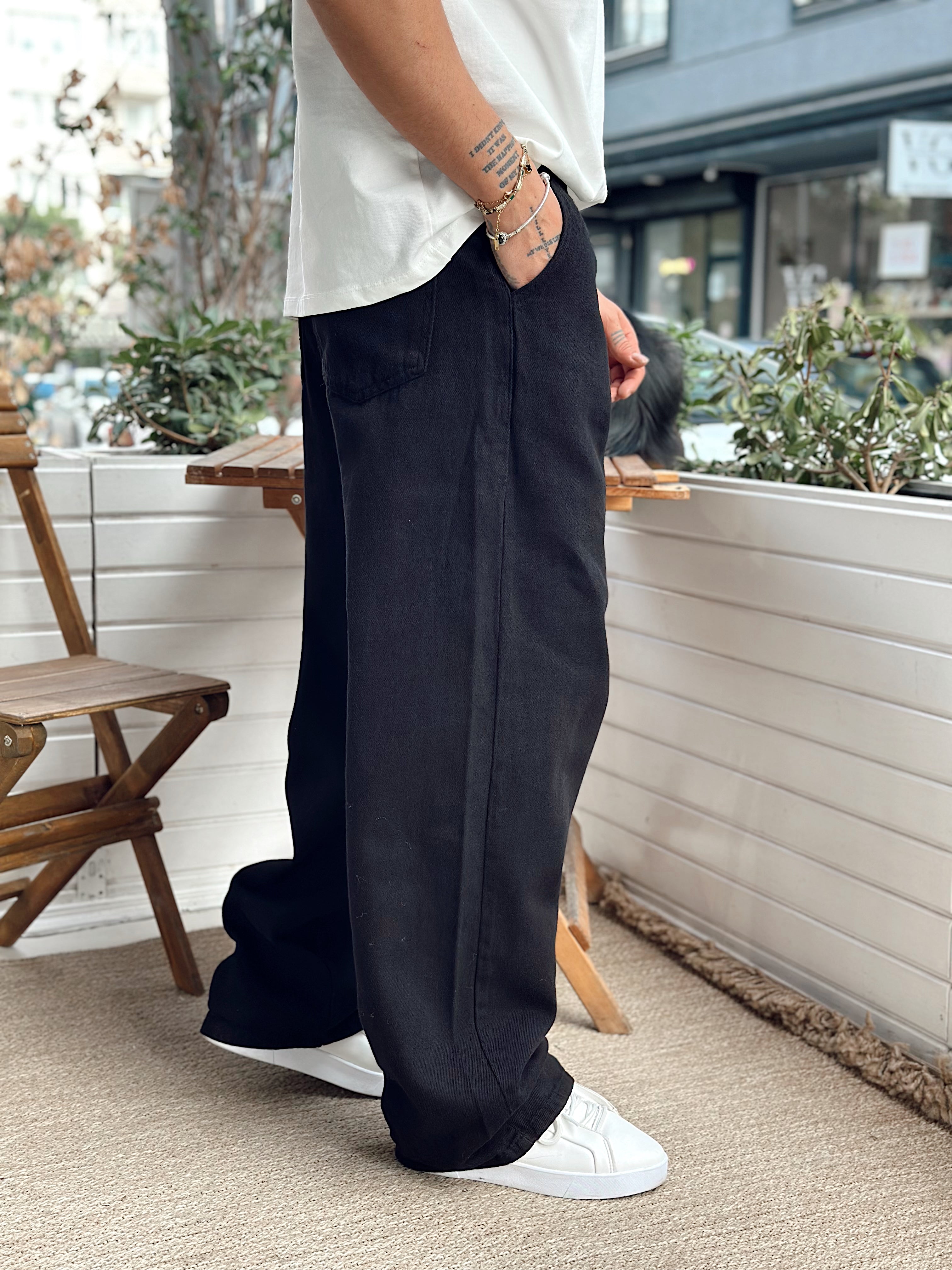 MP4081 - Beli İpli Baggy Gabardin Pantolon siyah