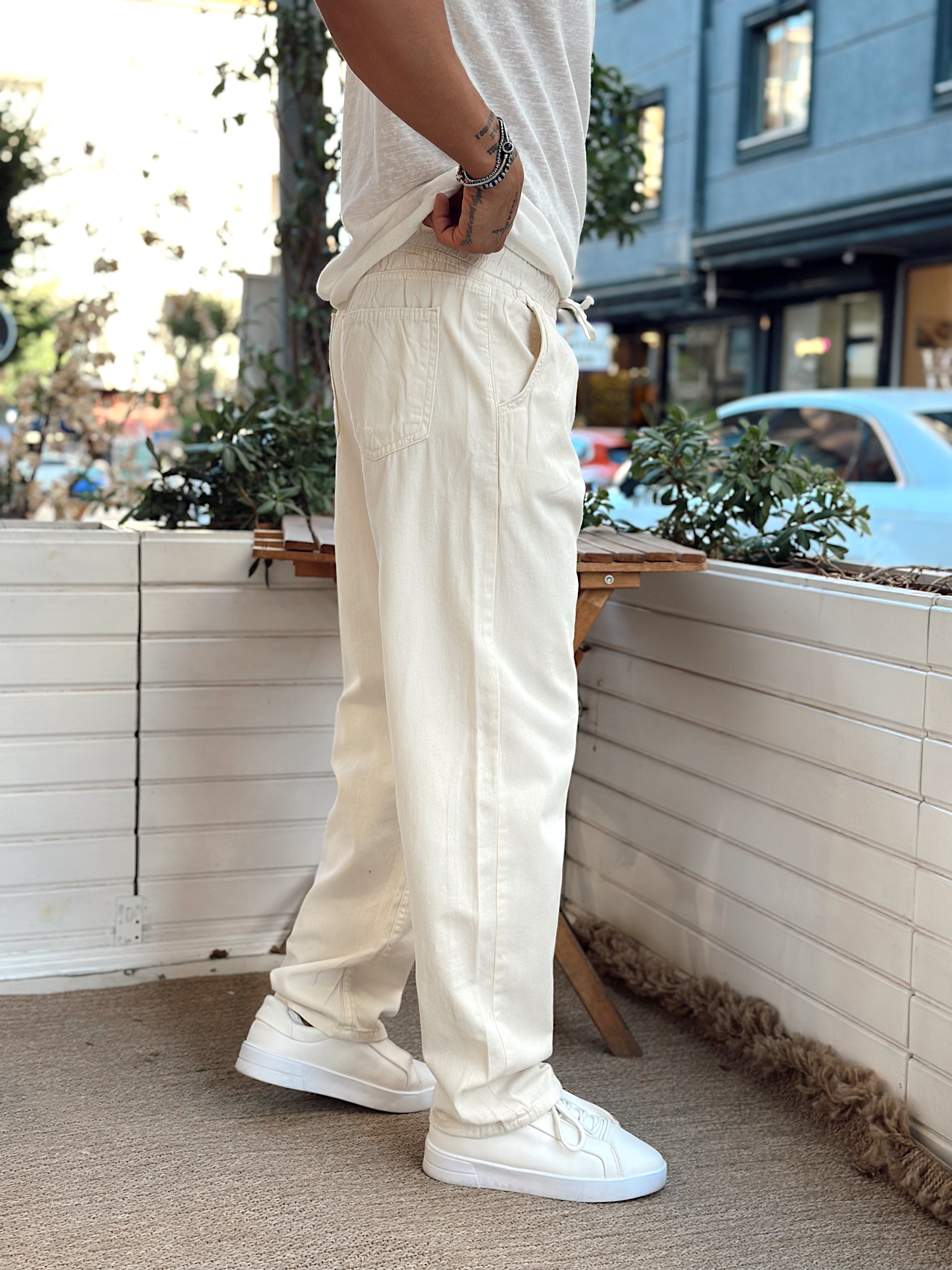 MP3098 - Beli İpli Baggy Kot Pantolon krem