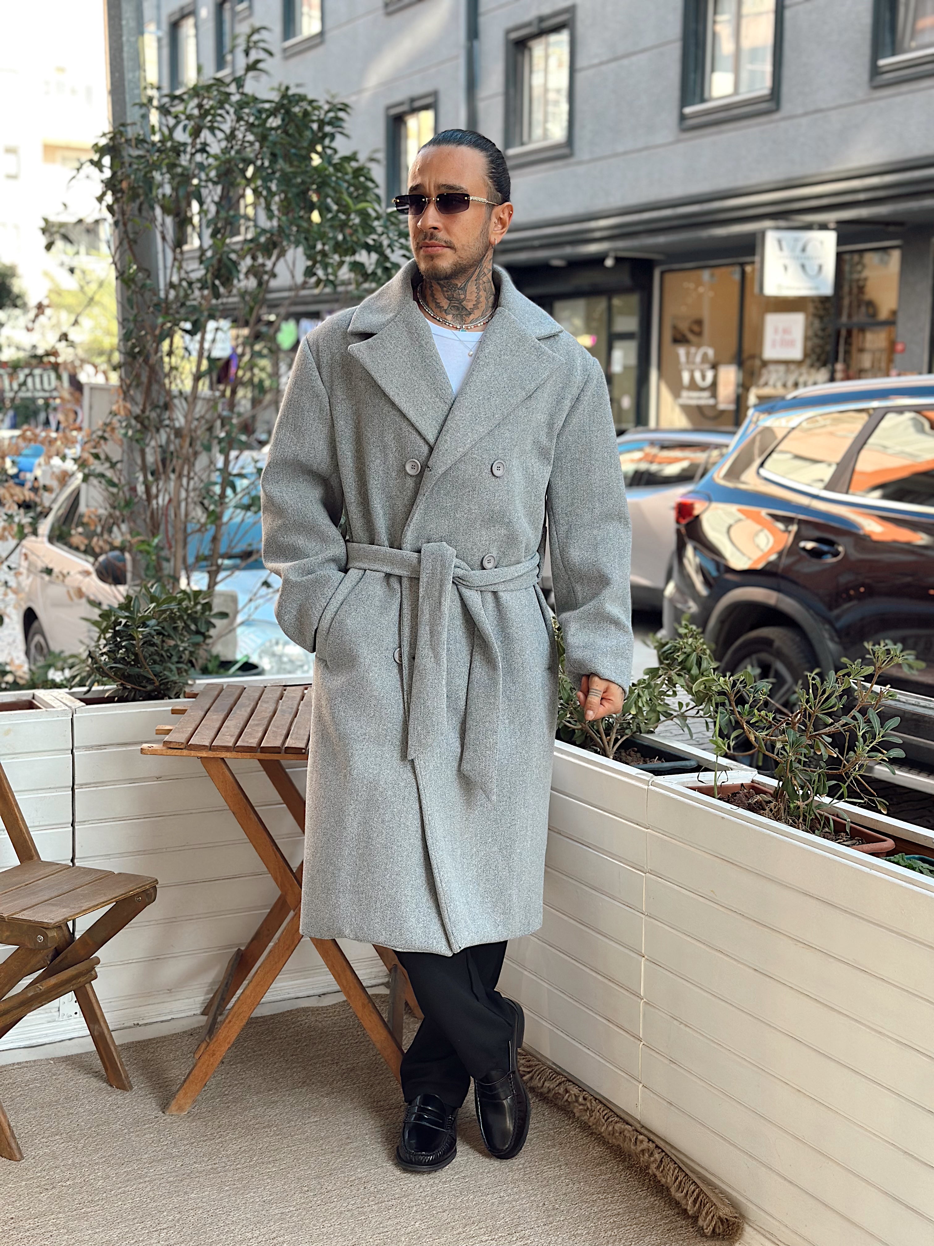 MM4044 - Giesto Oversize Kuşaklı Kaşe Kaban gri