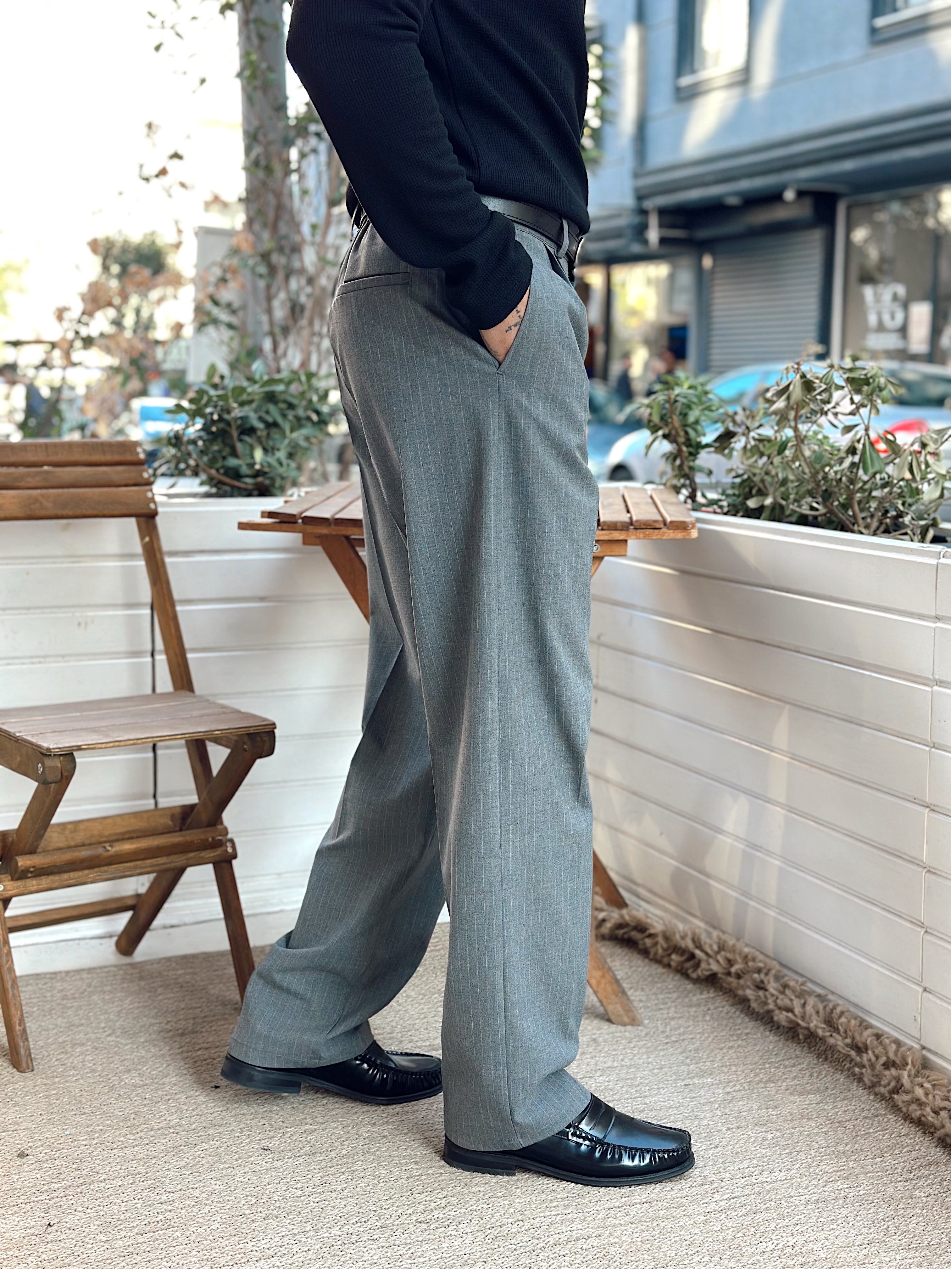 MP4098 - Giesto Çift Pileli Çizgili Baggy Kumaş Pantolon gri