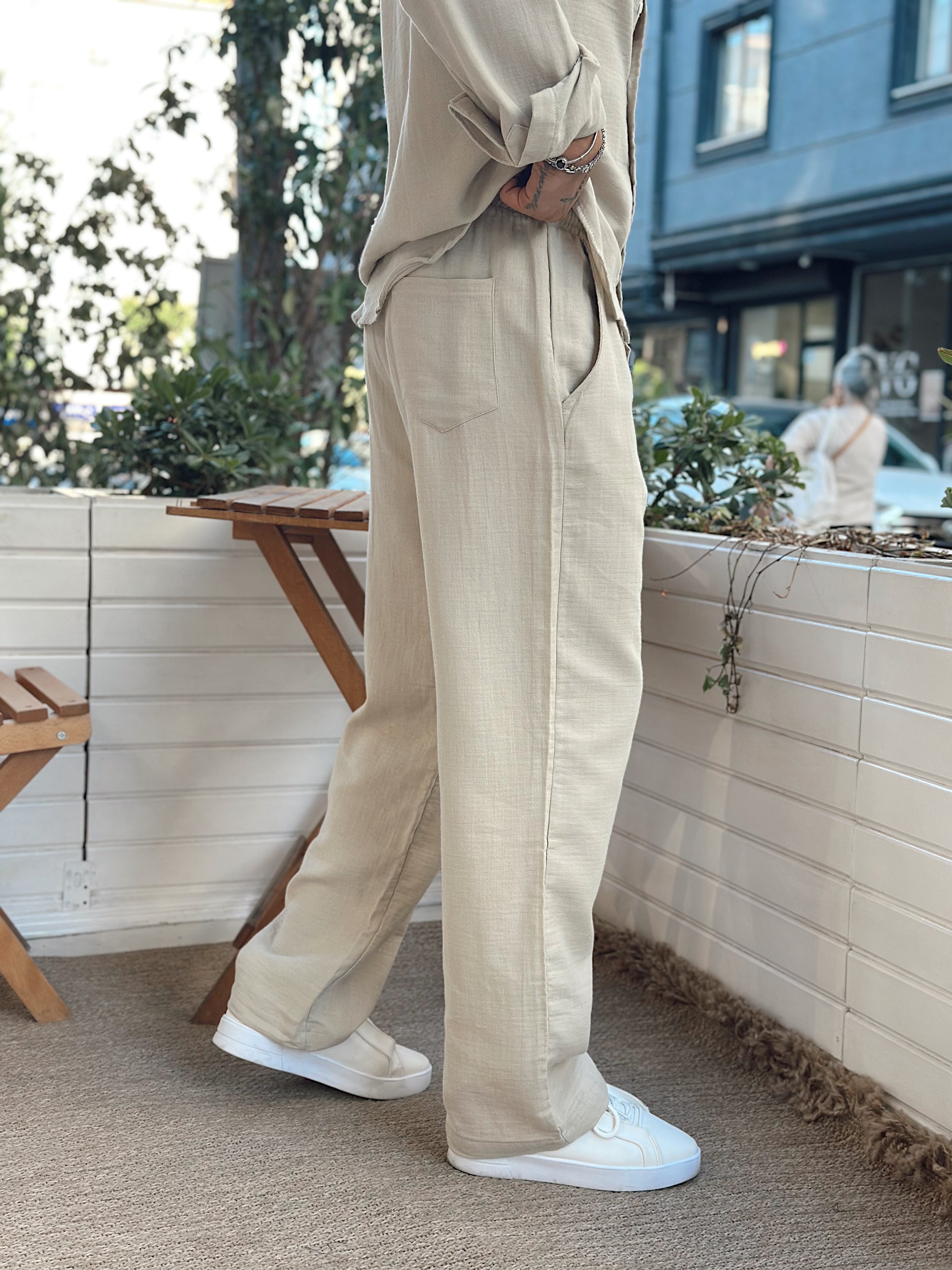 MT3074 - Müslin Kumaş Gömlek-Pantolon Takım krem