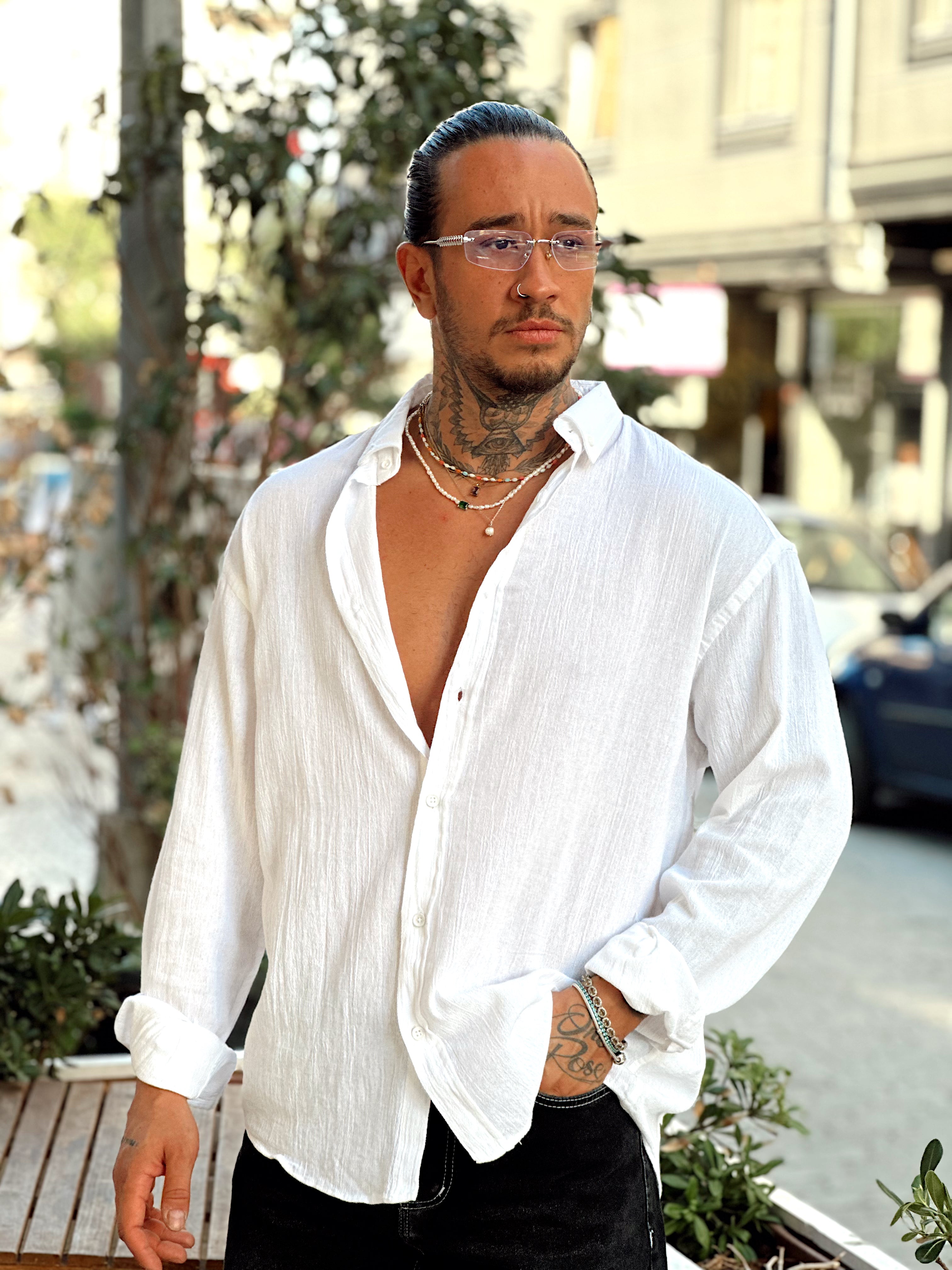 MG3232 - Oversize Krinkıl Keten Gömlek beyaz