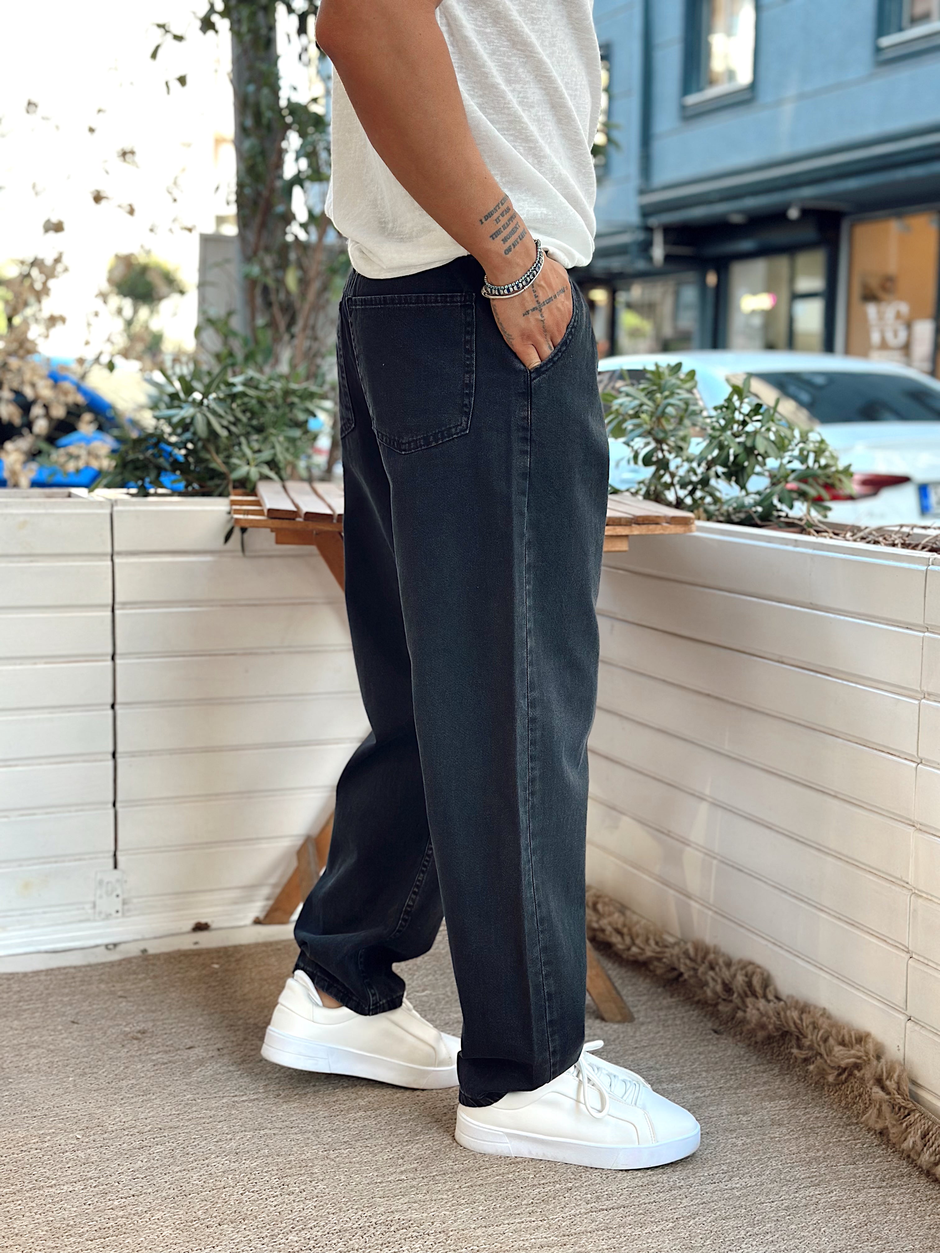 MP3097 - Beli İpli Baggy Kot Pantolon siyah