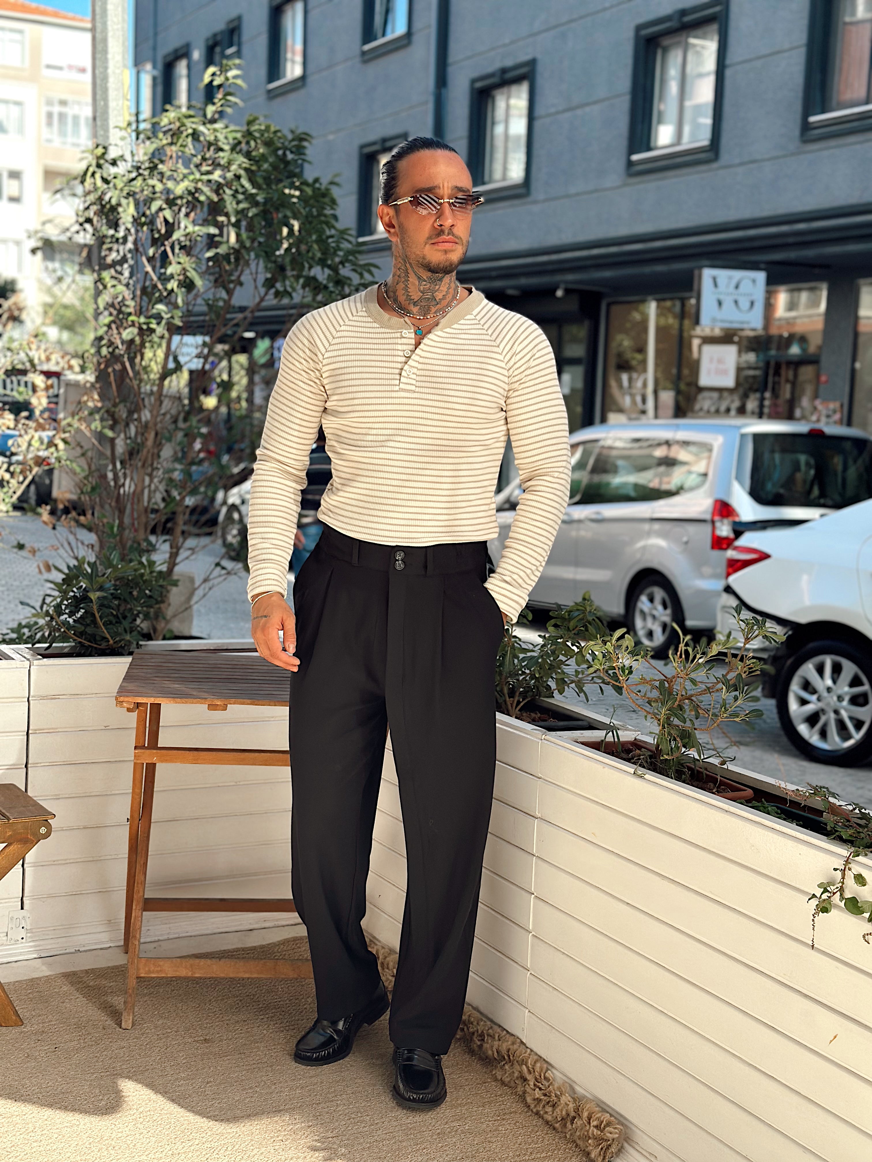 MS4047 - Çizgili Yaka Düğmeli  Sweatshirt Ekru-Bej