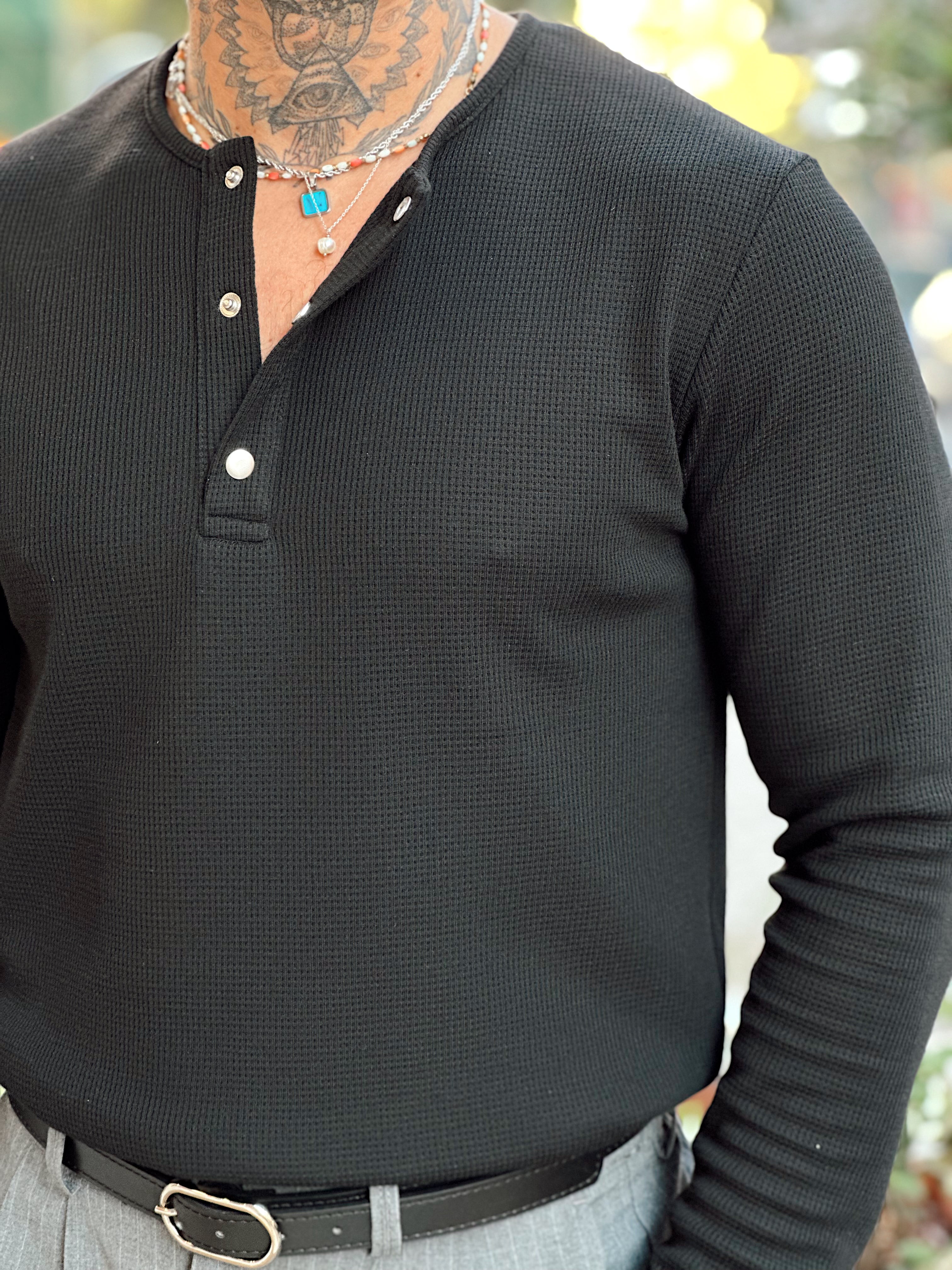 MS4043 - Basic Yaka ÇıtÇıtlı Waffle Kumaş Sweatshirt Siyah