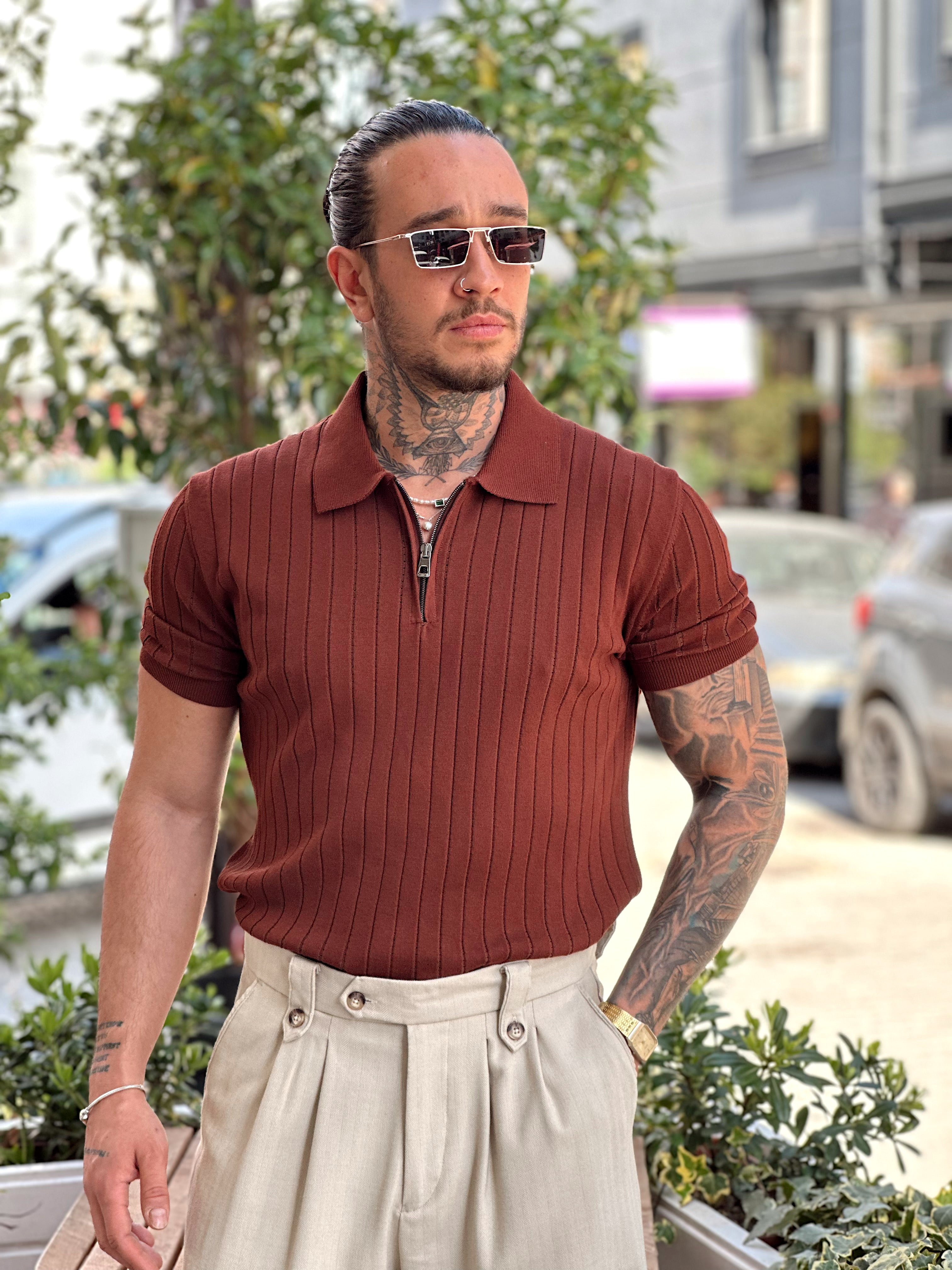 MT2823 - Yakası Fermuarlı Full Likralı Polo Yaka T-Shirt Kiremit