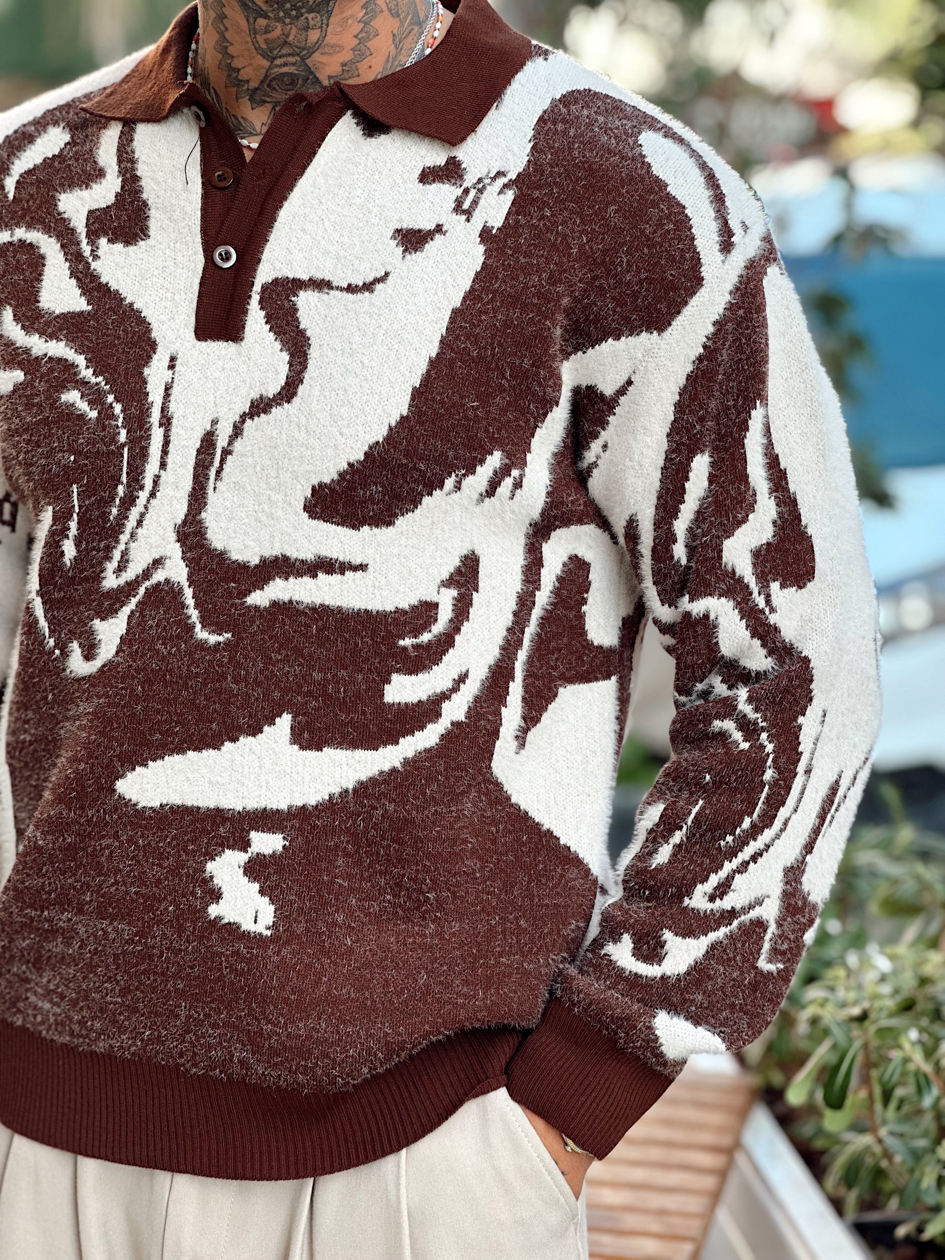 MS4054 - Karışık Desenli Triko Polo Yaka Sweatshirt kahve