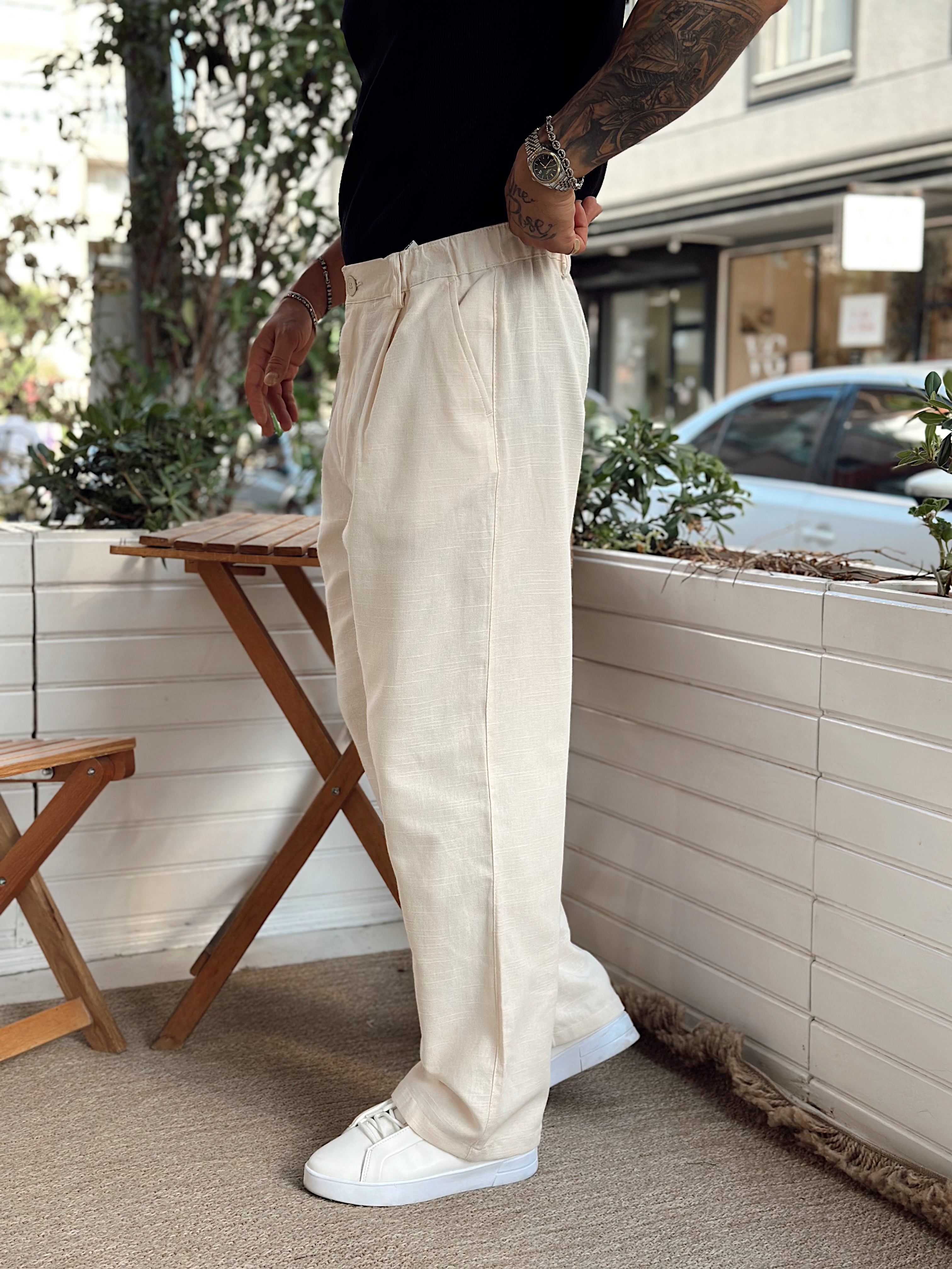 MP3066 - Baggy Pileli keten Pantolon krem