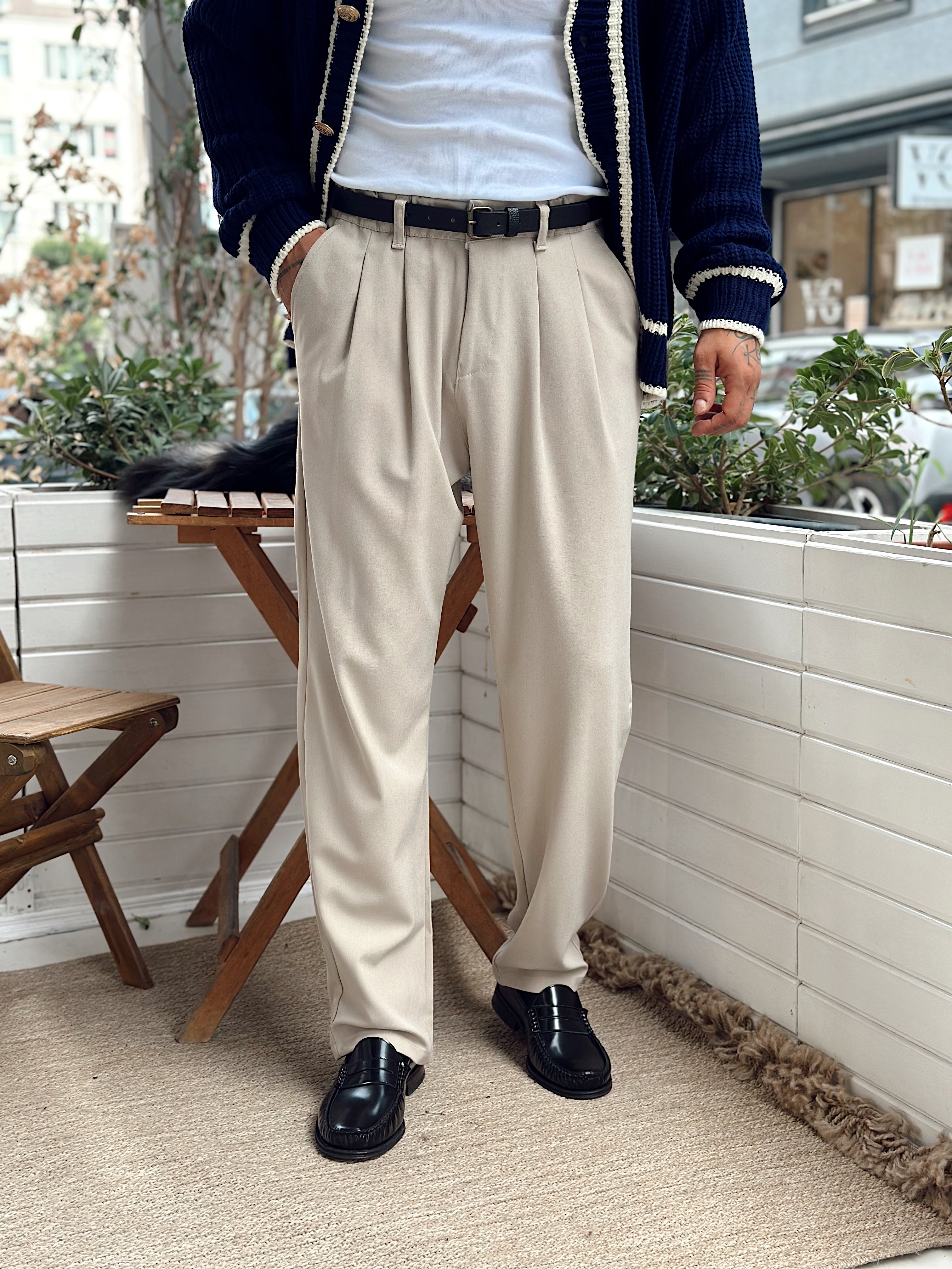 MP4030 - Pileli Baggy Kumaş Pantolon krem