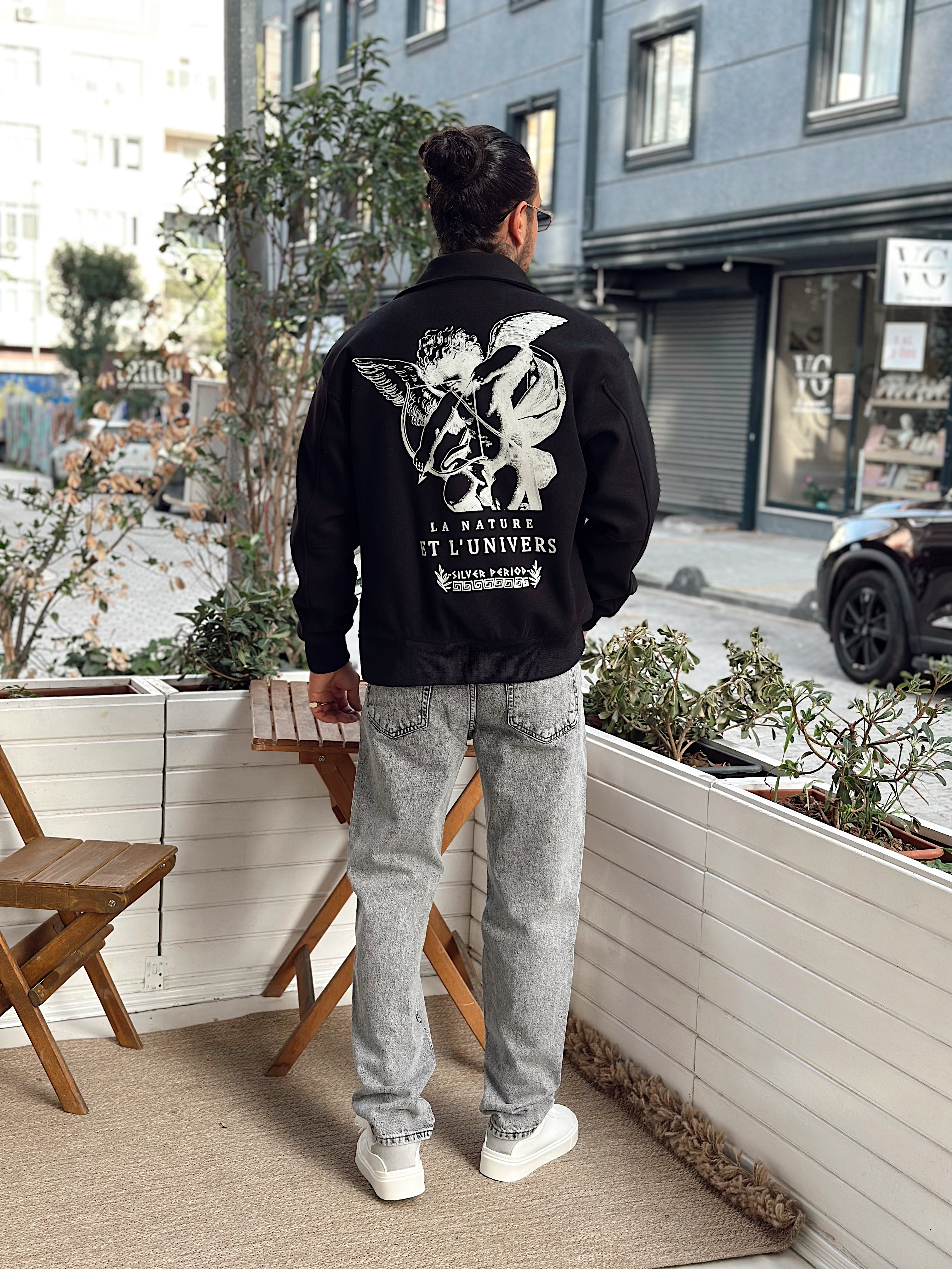 MC4088 - Flok Ön Arka Baskılı Kaşe Ceket siyah