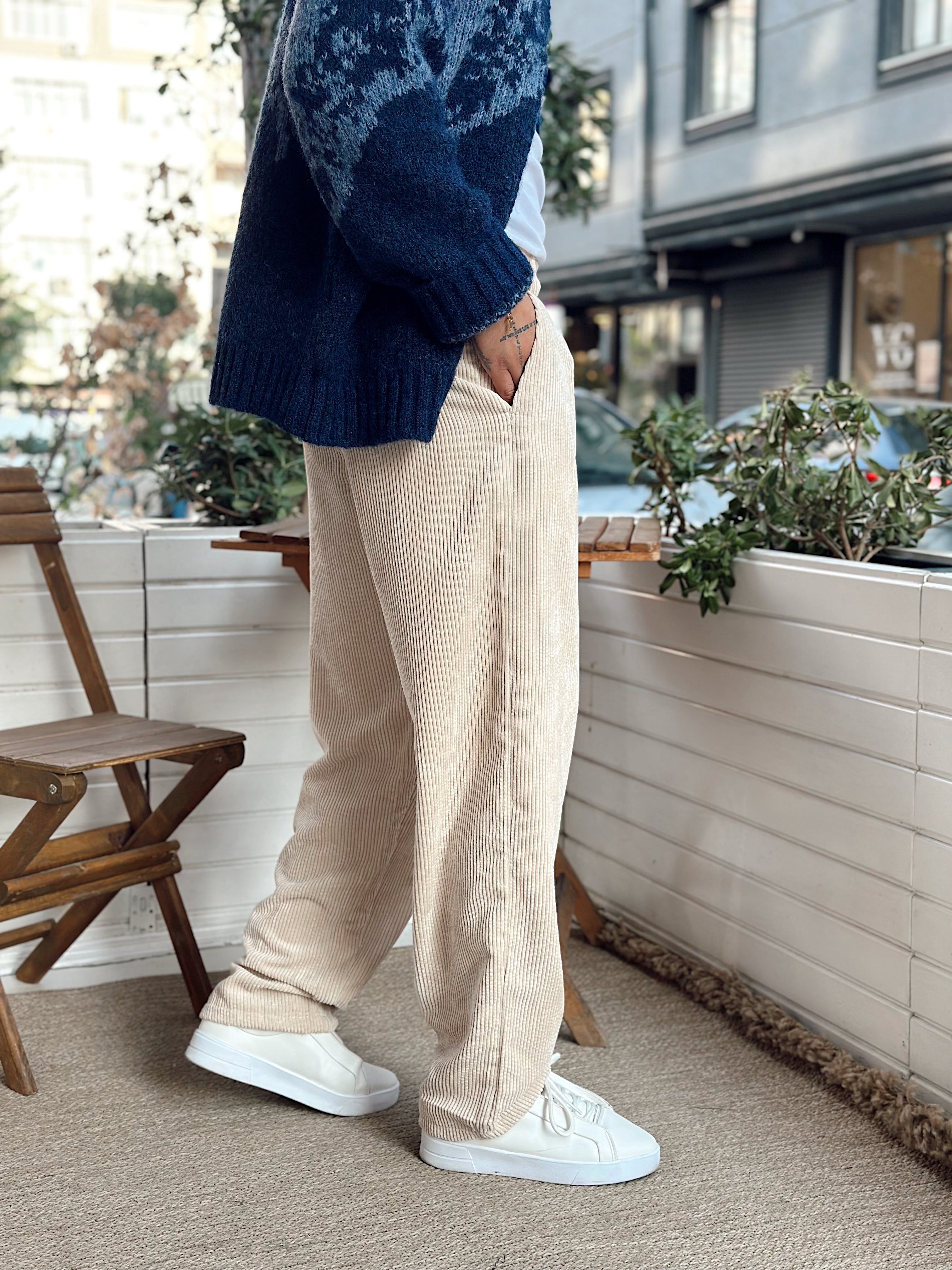 MP4032 - Pileli Baggy Kadife Pantolon krem