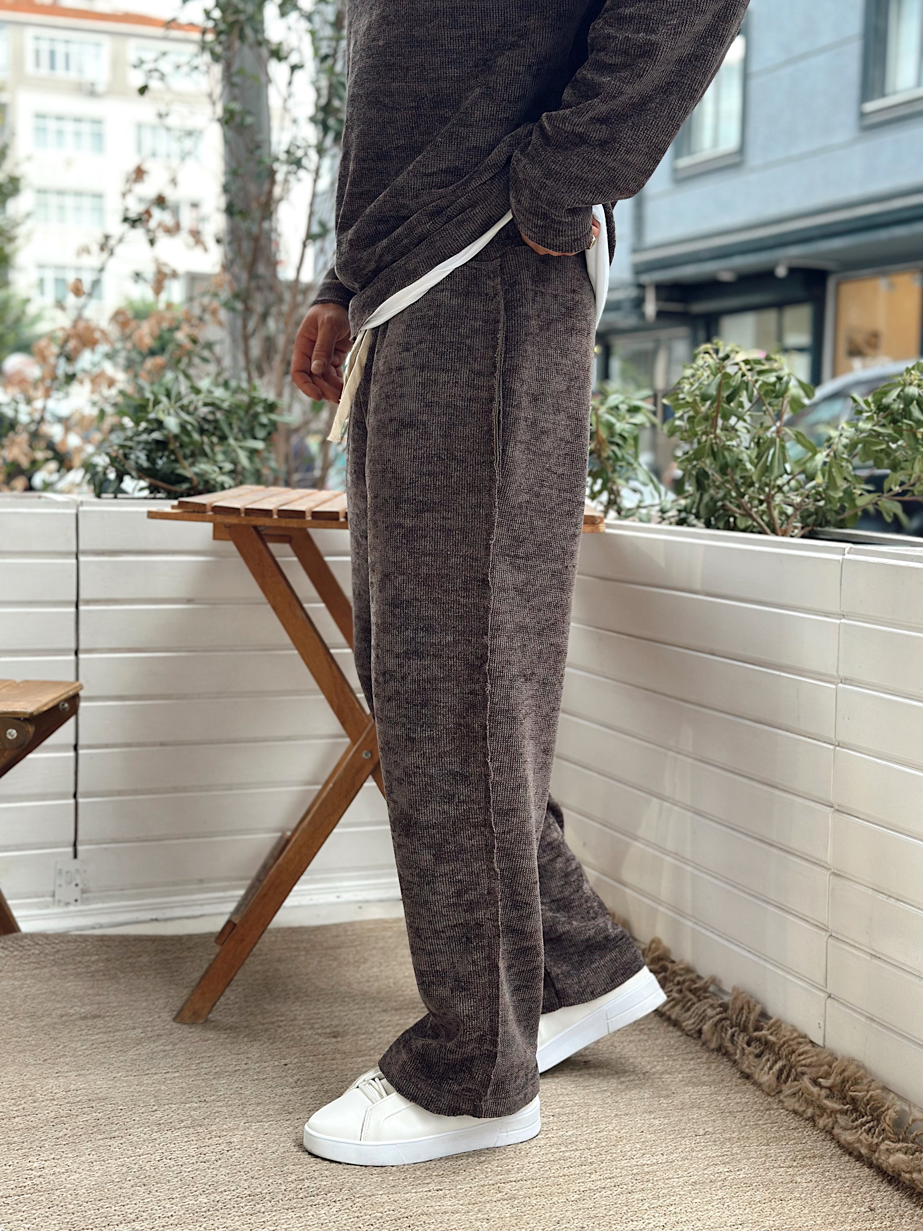 MT4070 - Kumaş Detaylı Sweatshirt Pantolon Takım kahve