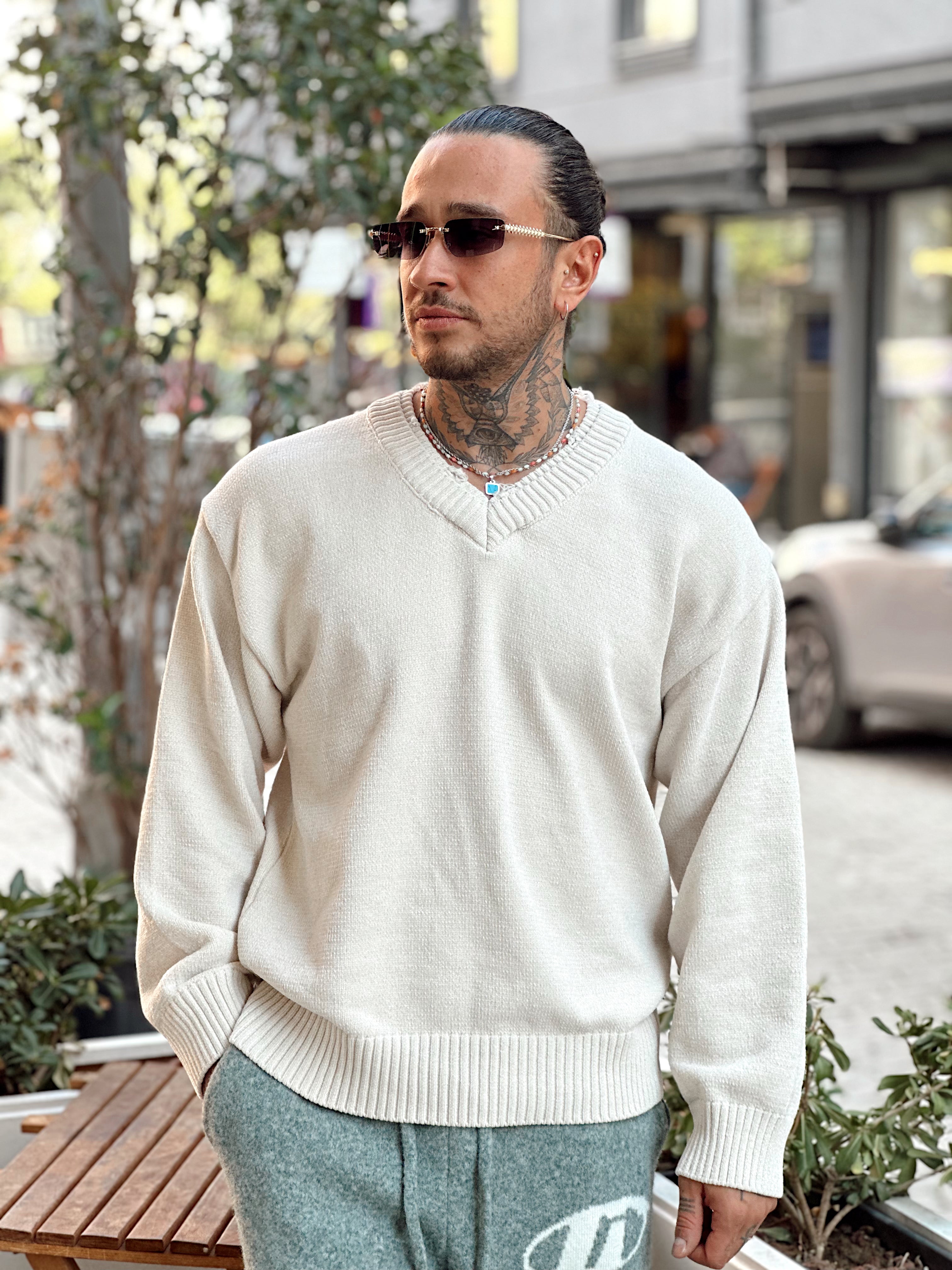 MS4049 - Çift V Yaka Örme Sweatshirt beyaz