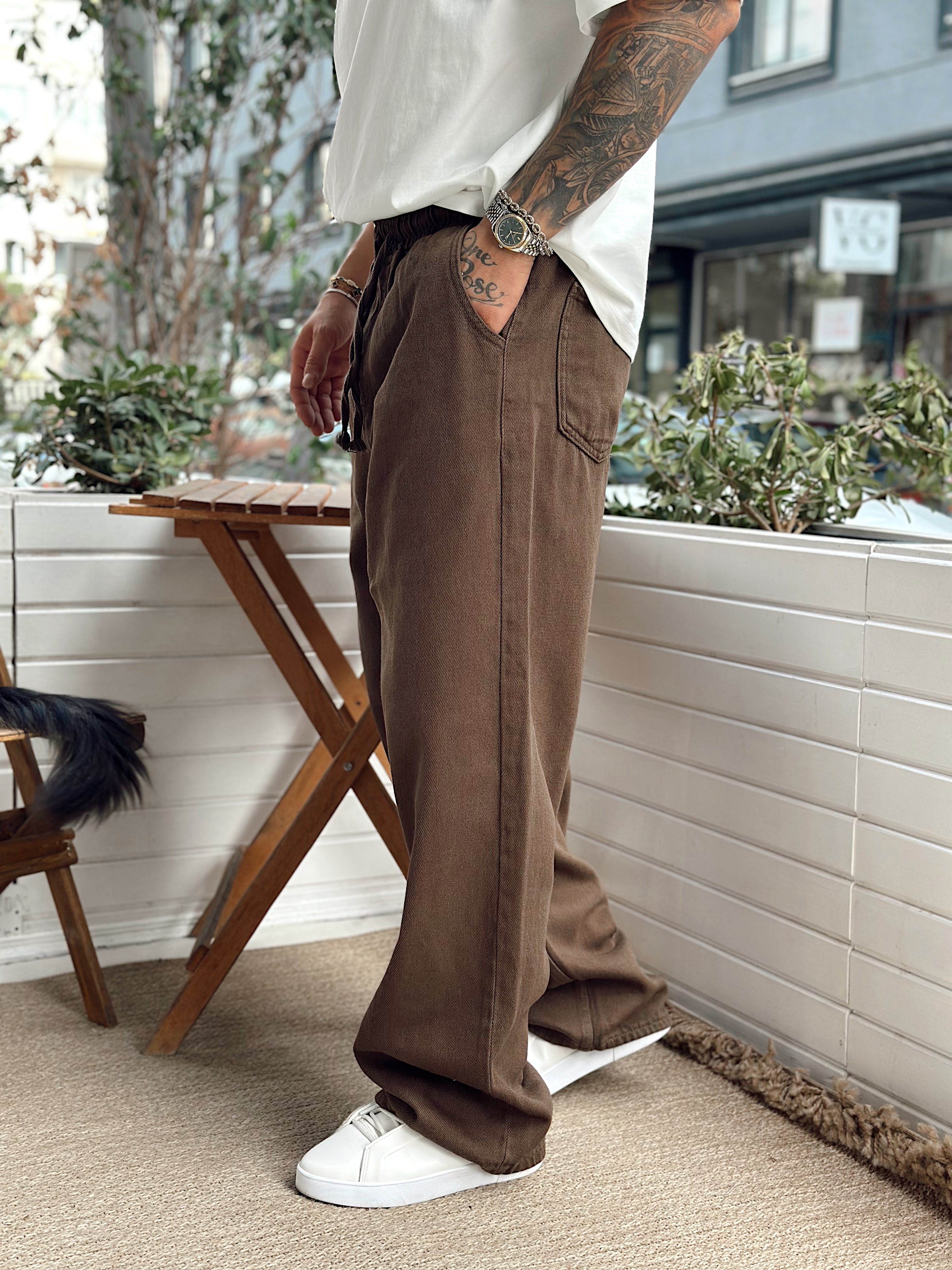 MP4081 - Beli İpli Baggy Gabardin Pantolon kahve