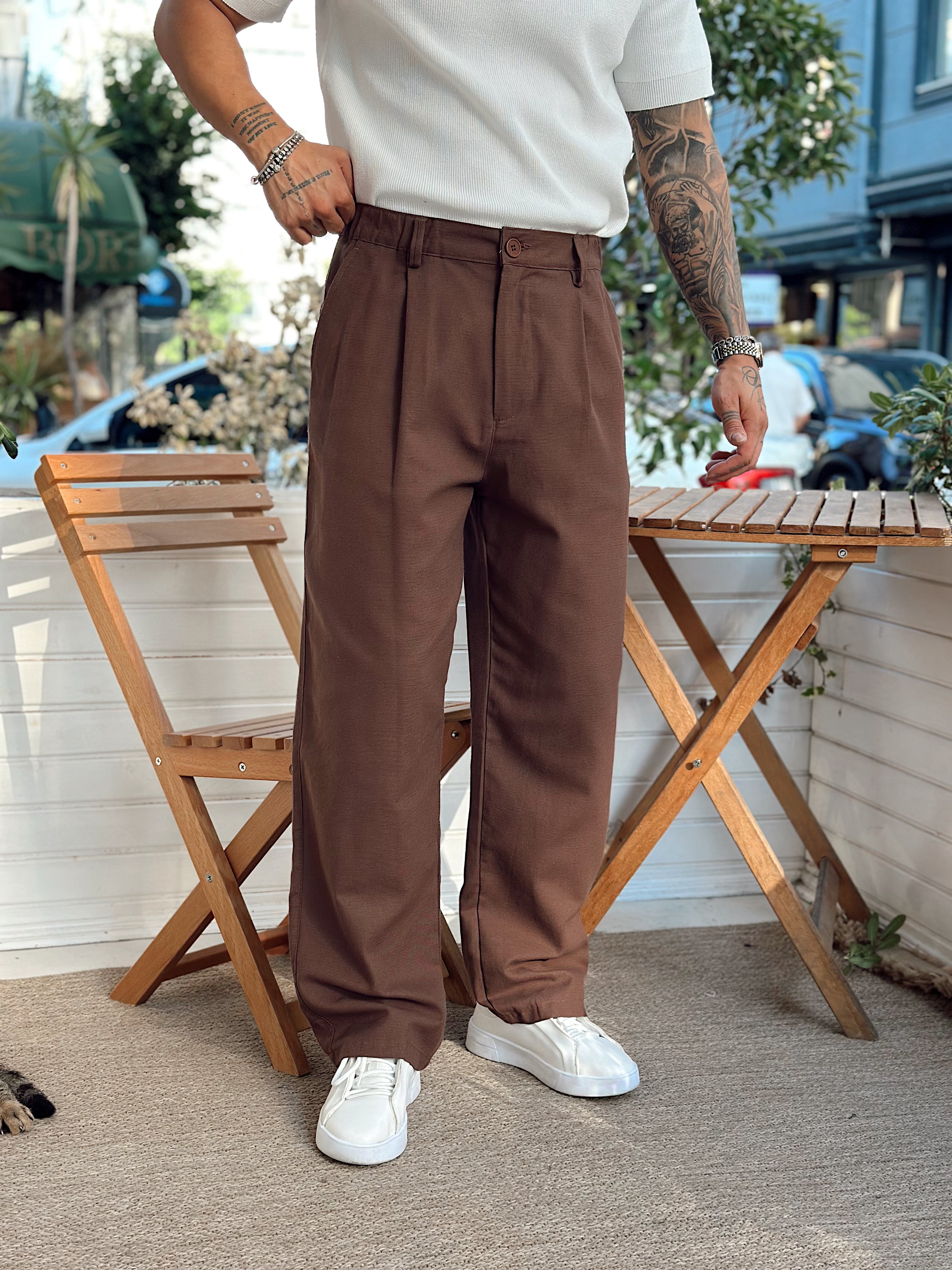 MP3067 - Baggy Pileli keten Pantolon kahve