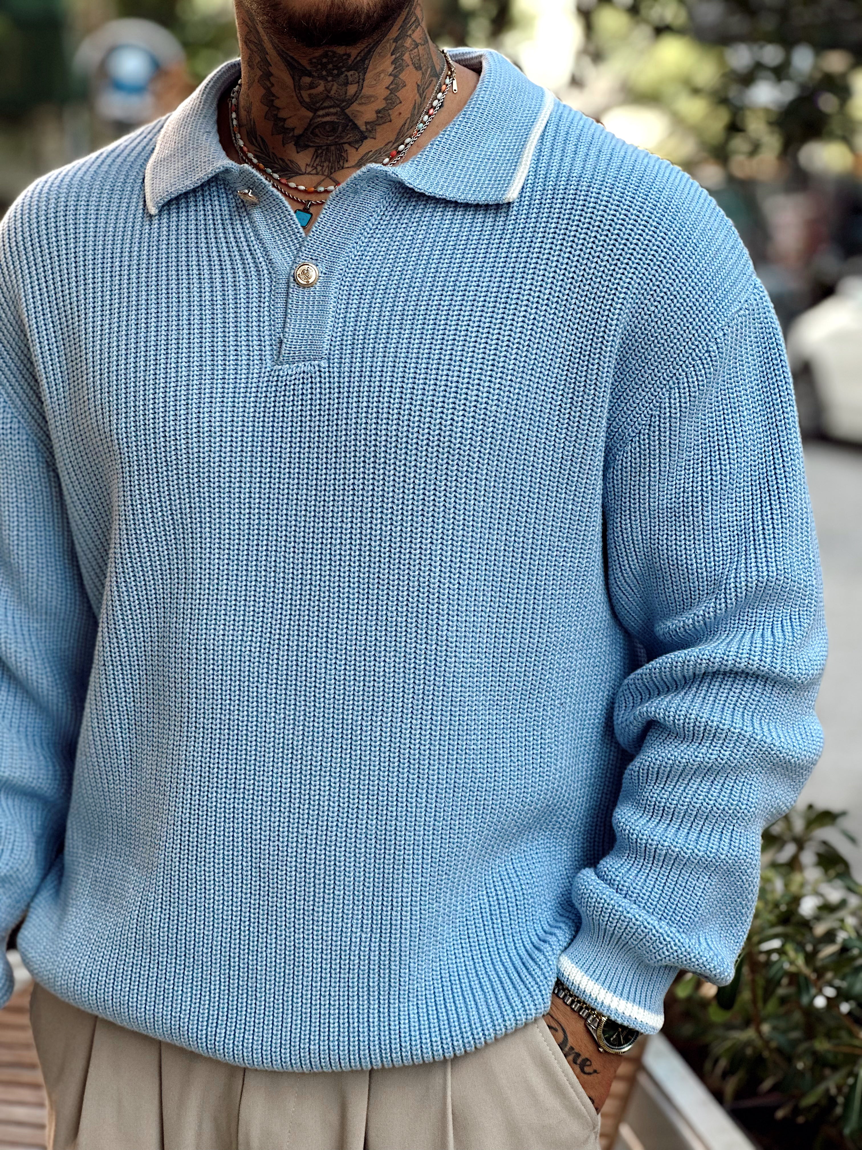 MS4042 - Oversize Madalyon Düğmeli Polo Yaka Sweatshirt mavi