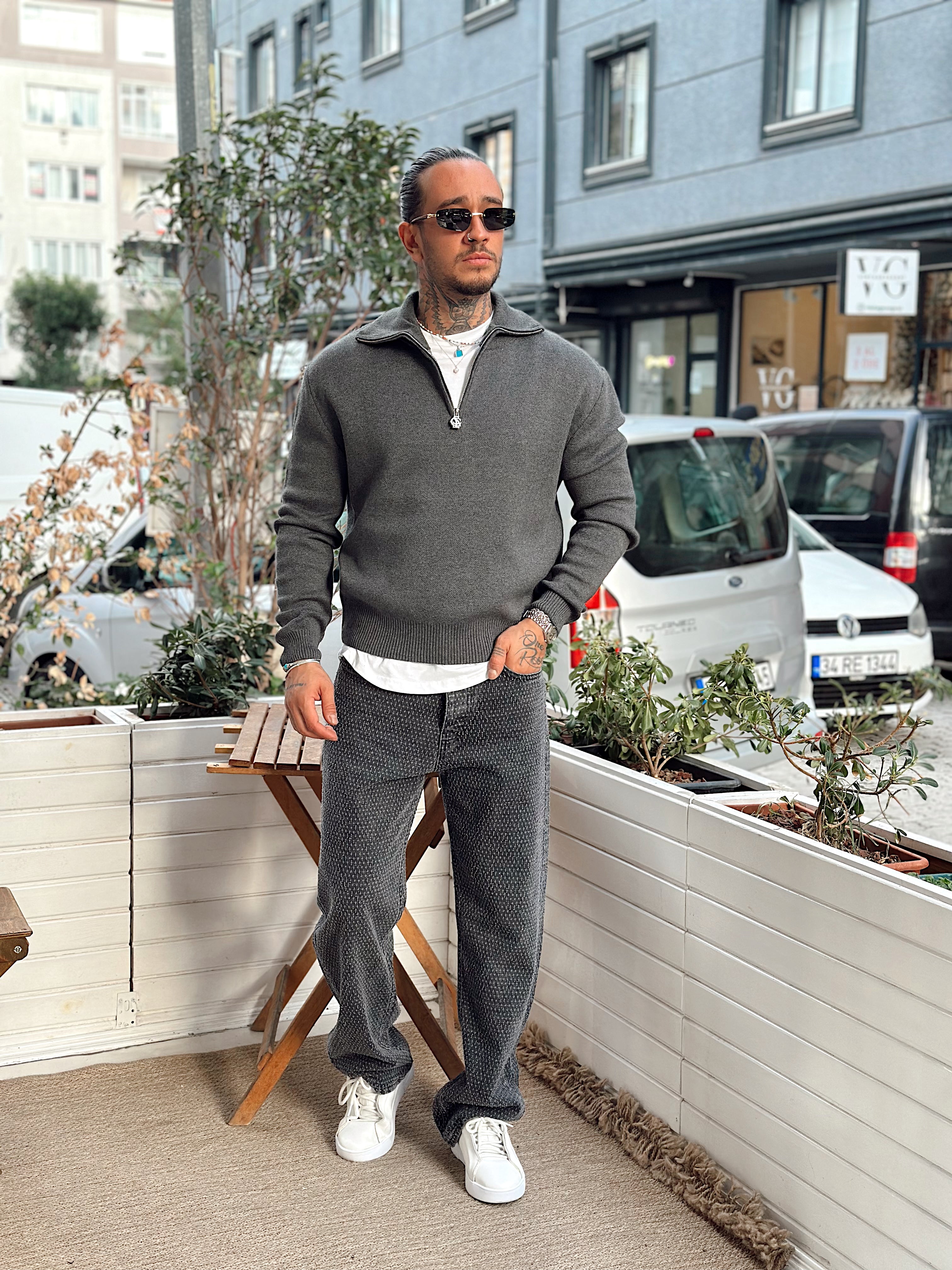 MS4058 - Yakası Fermuarlı Oversize Basic Triko Sweatshirt gri
