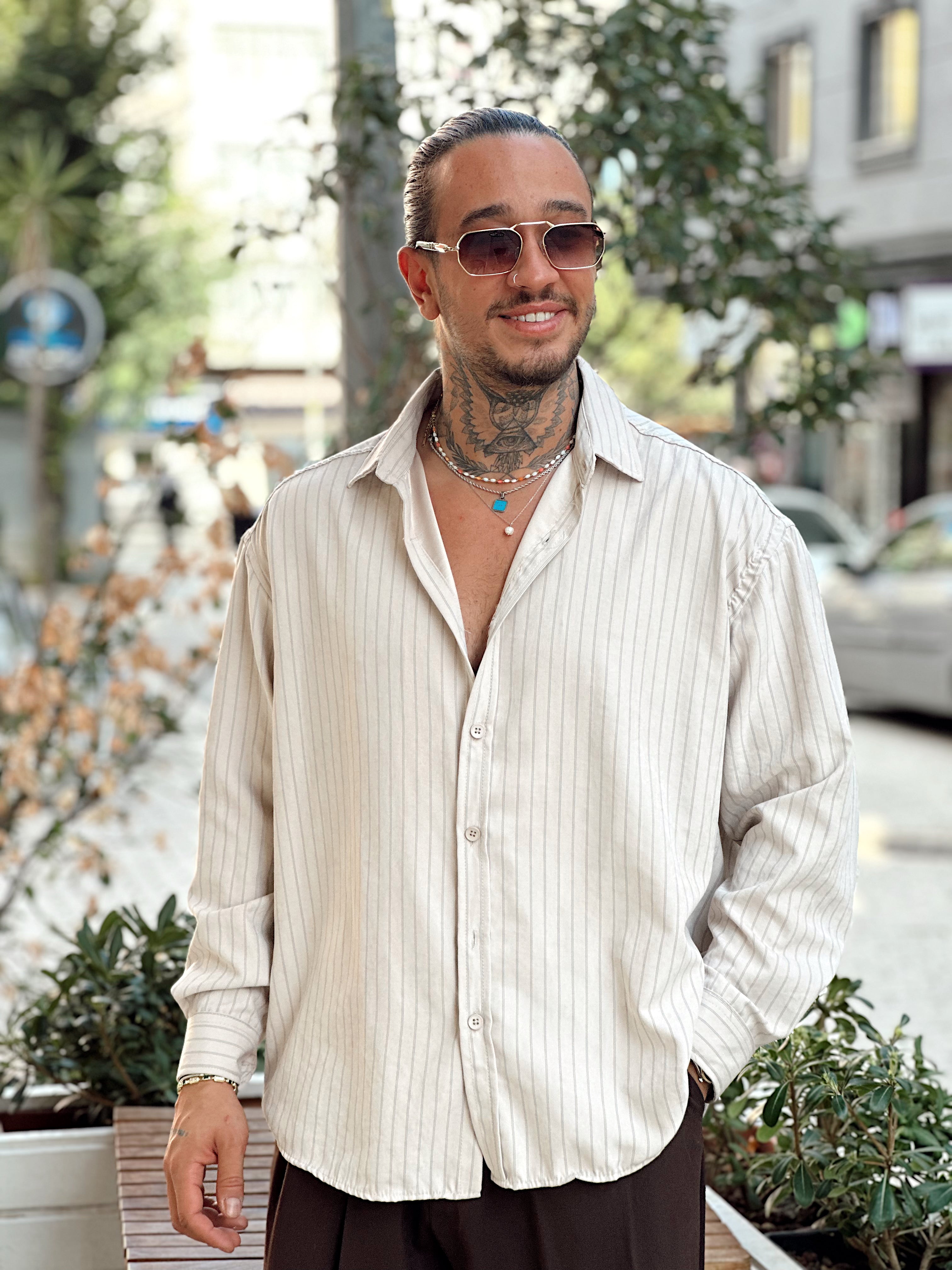 MG4009 - Oversize Çizgili Modal Gömlek krem