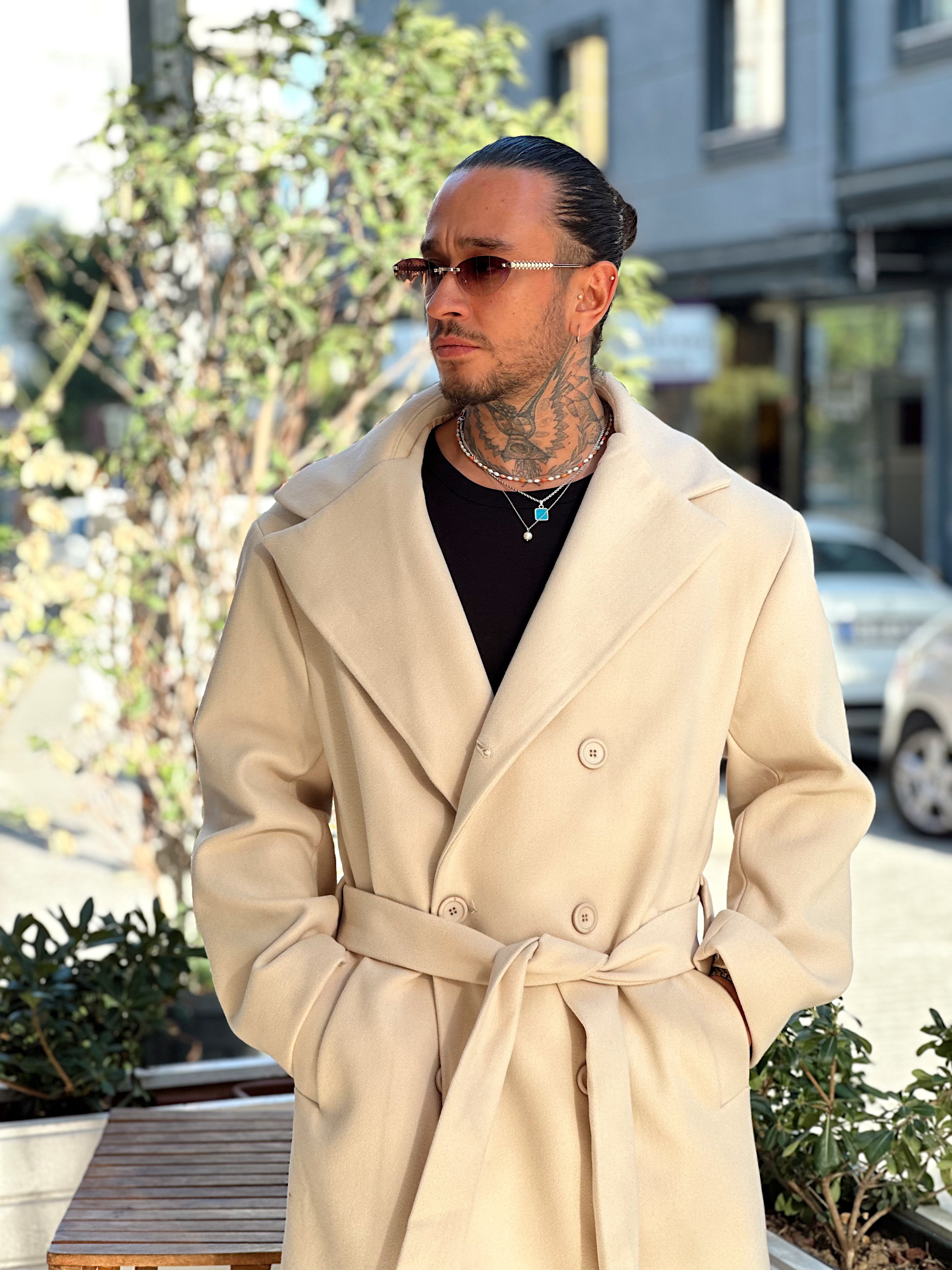 MM4044 - Giesto Oversize Kuşaklı Kaşe Kaban krem