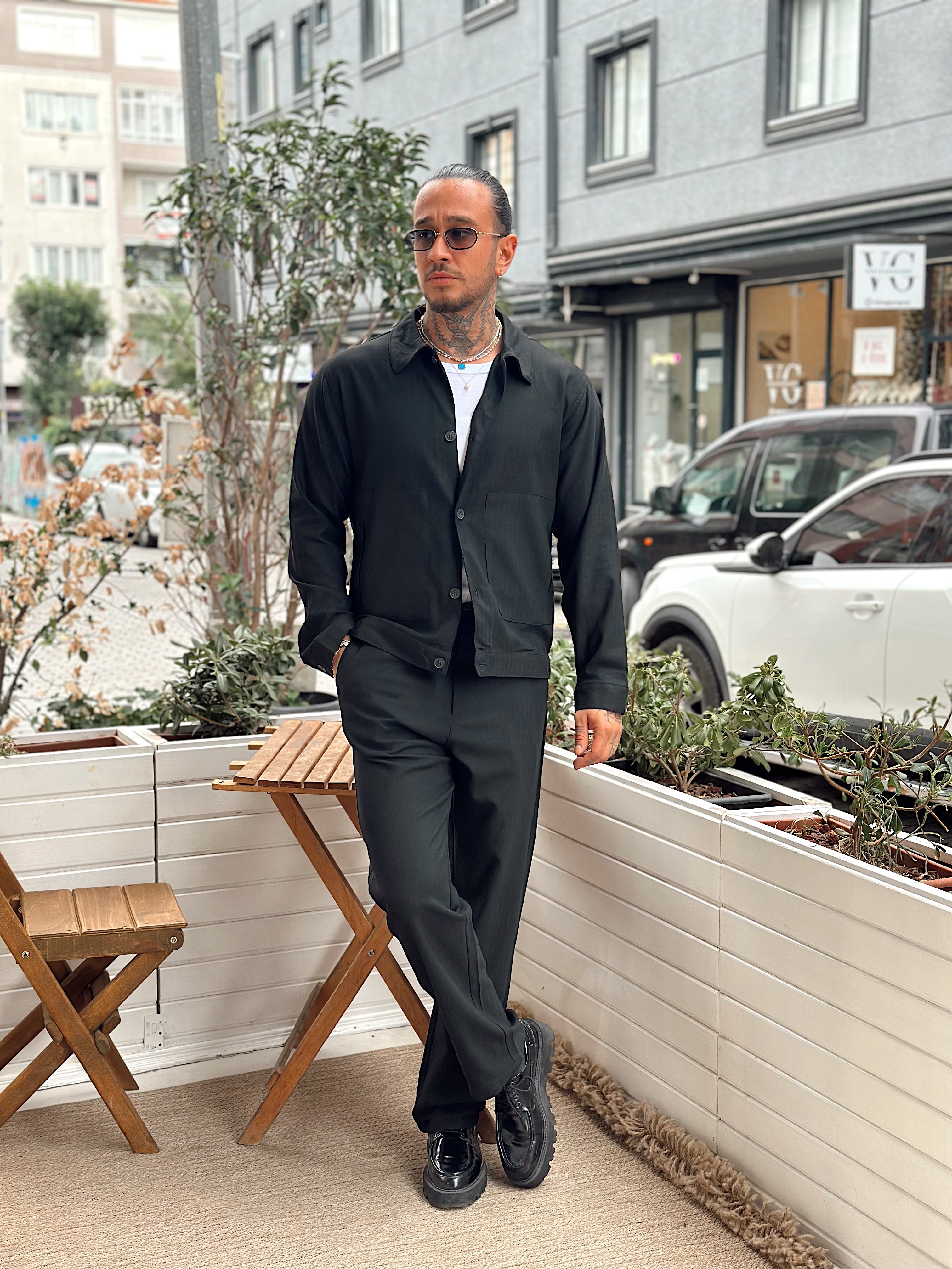MT4071 - Kendinden Desenli Gömlek Pantolon Takım siyah