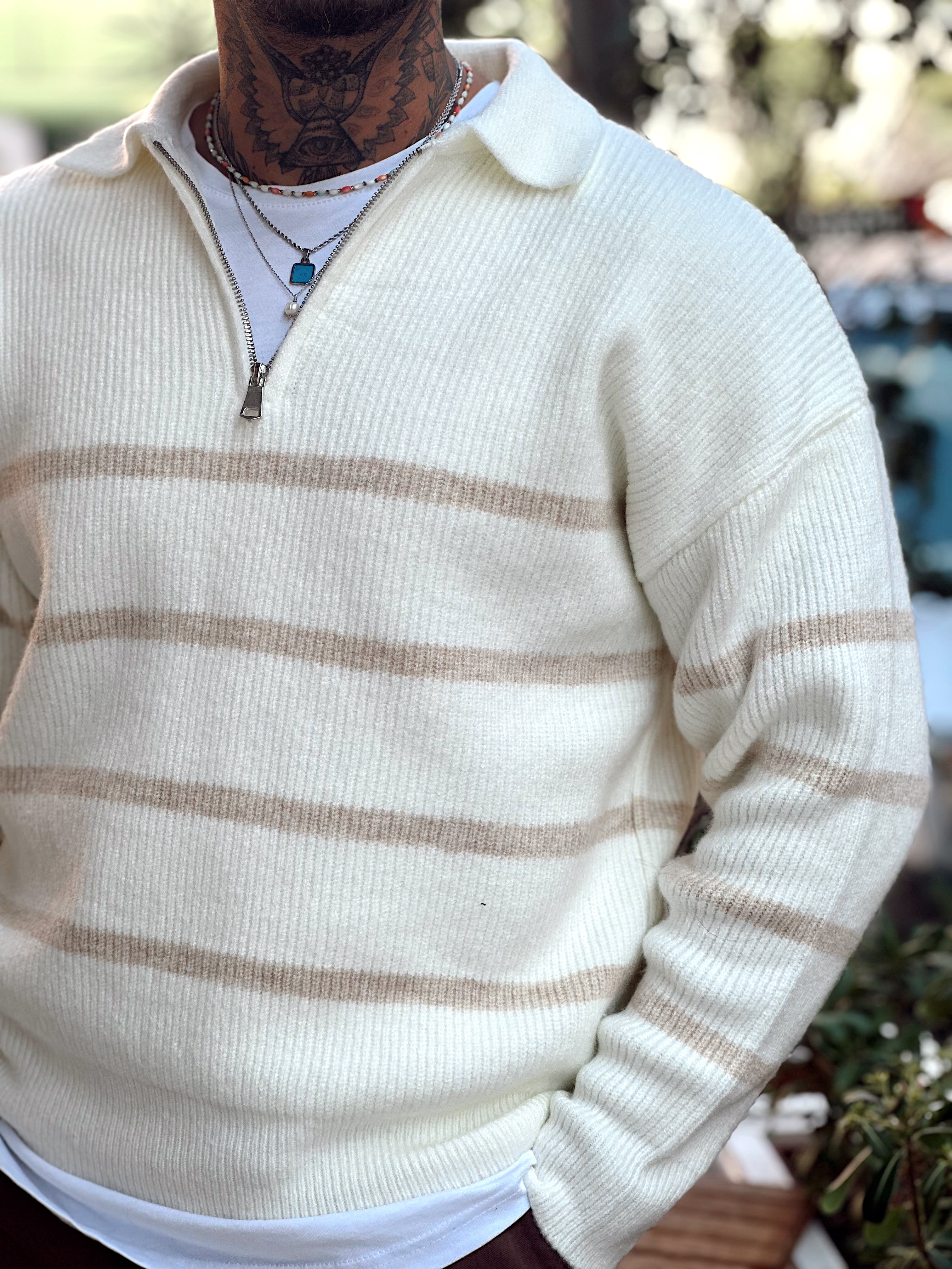 MS4052 - Çizgili Yakası Fermuarlı Polo Yaka Triko beyaz-krem