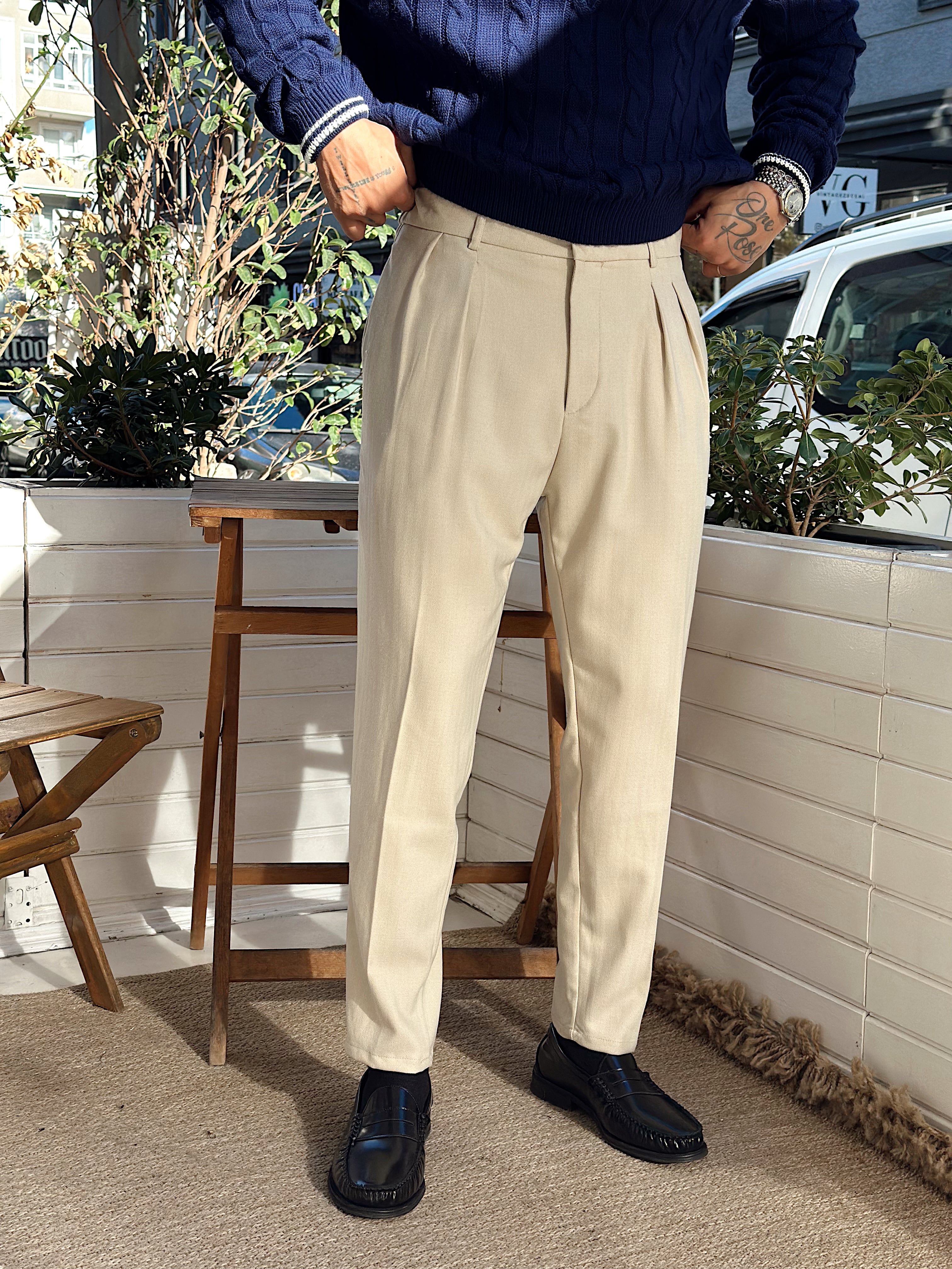 MP4014 - Kendinden Desenli İtalyan Kesim Kumaş Pantolon krem