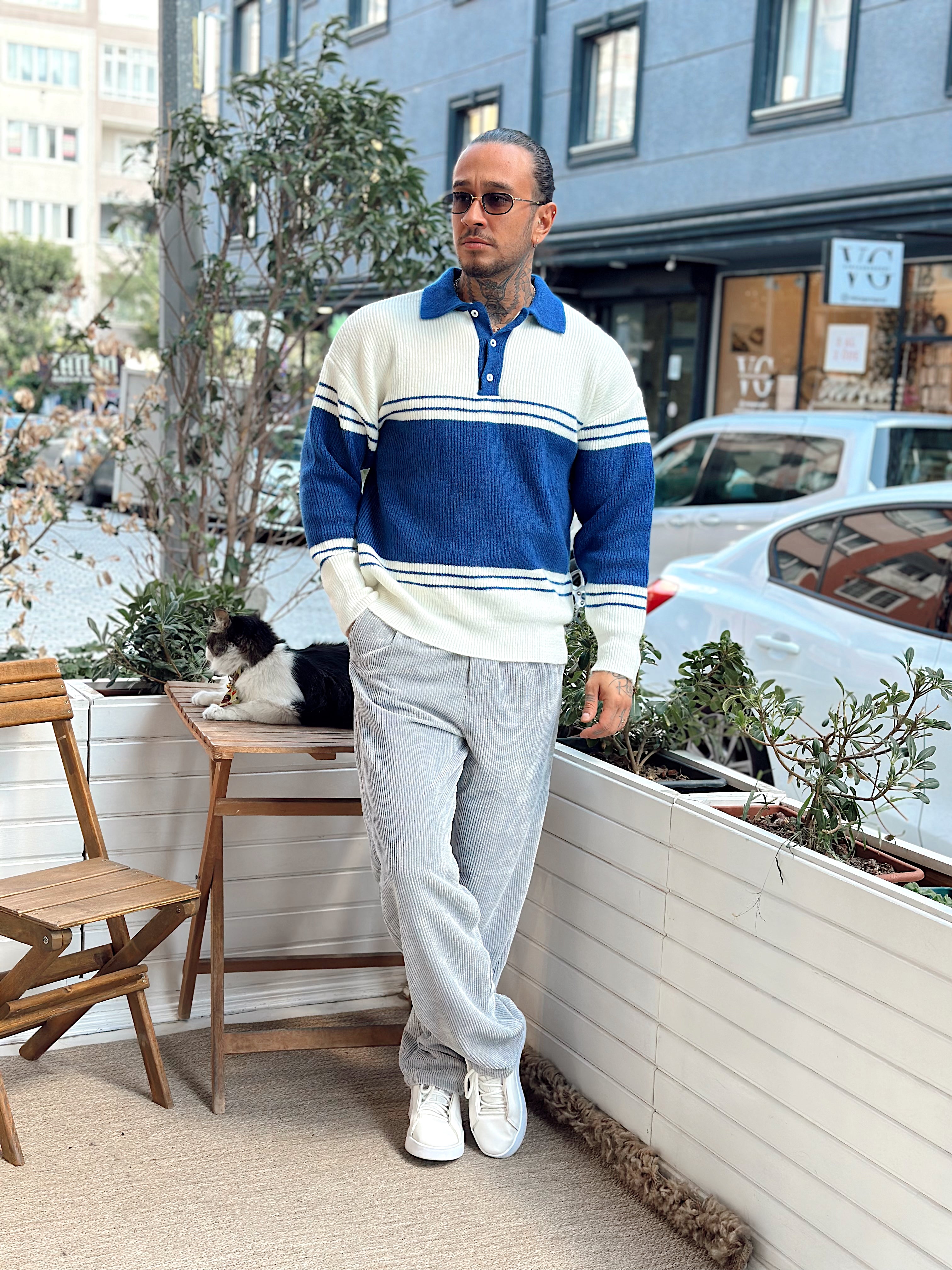 MS4037 - Çift Renk Vanc Triko Polo Yaka mavi