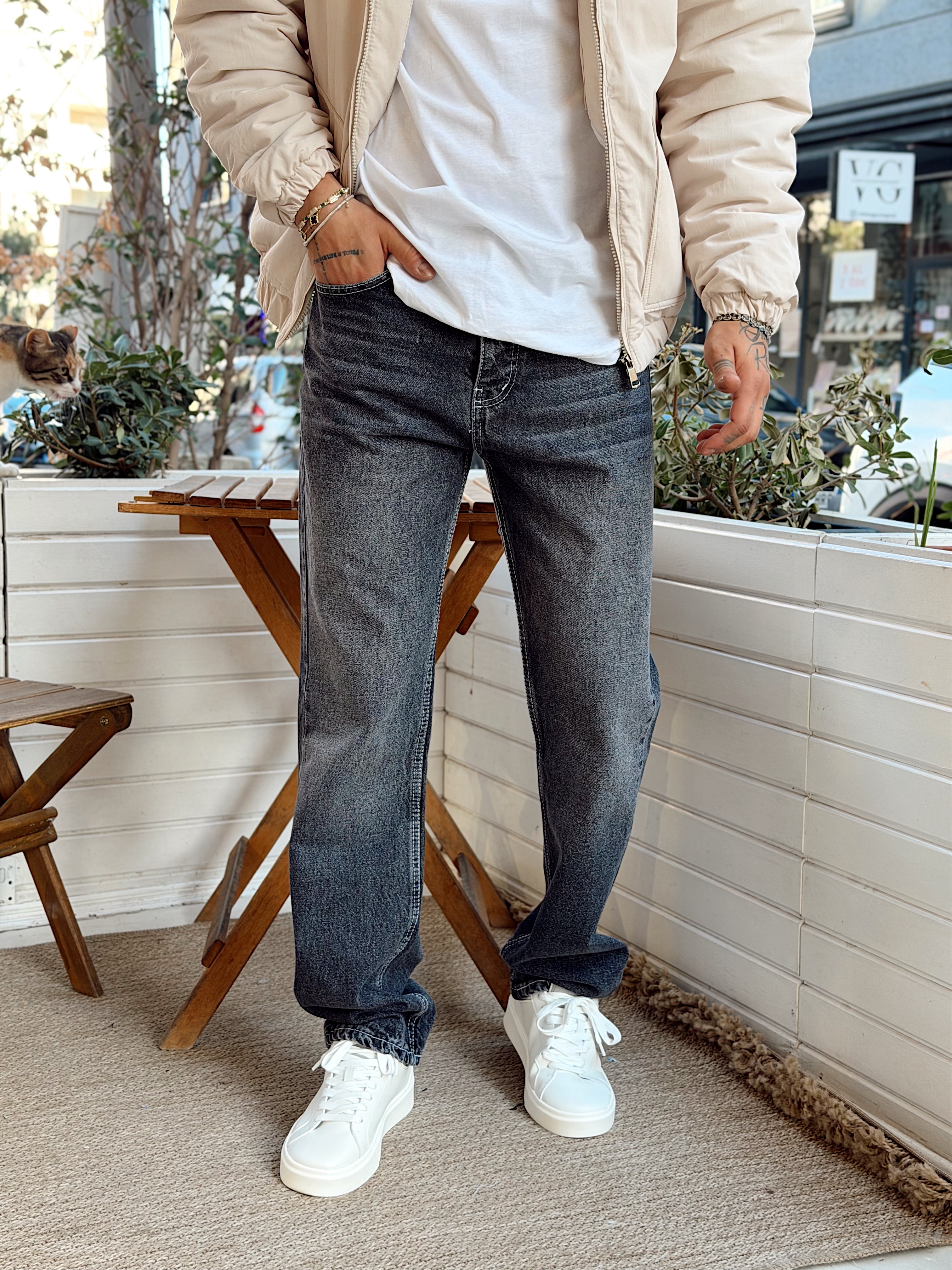 MP4105 - W11 Dikiş Detaylı Gri Yıkamalı Regular Kot Pantolon