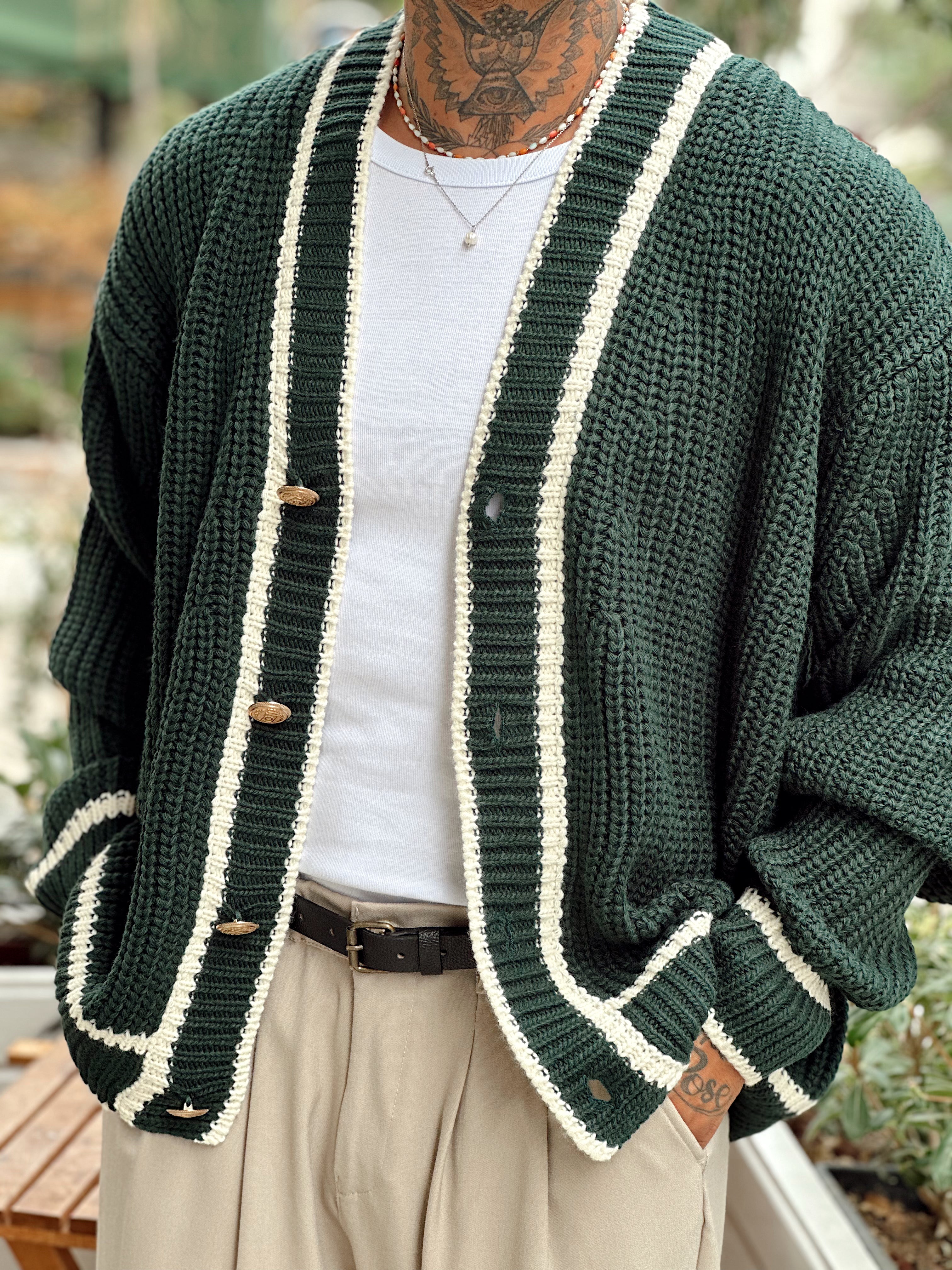 MS4004 - Old Money Çift Renk Örme Hırka yeşil