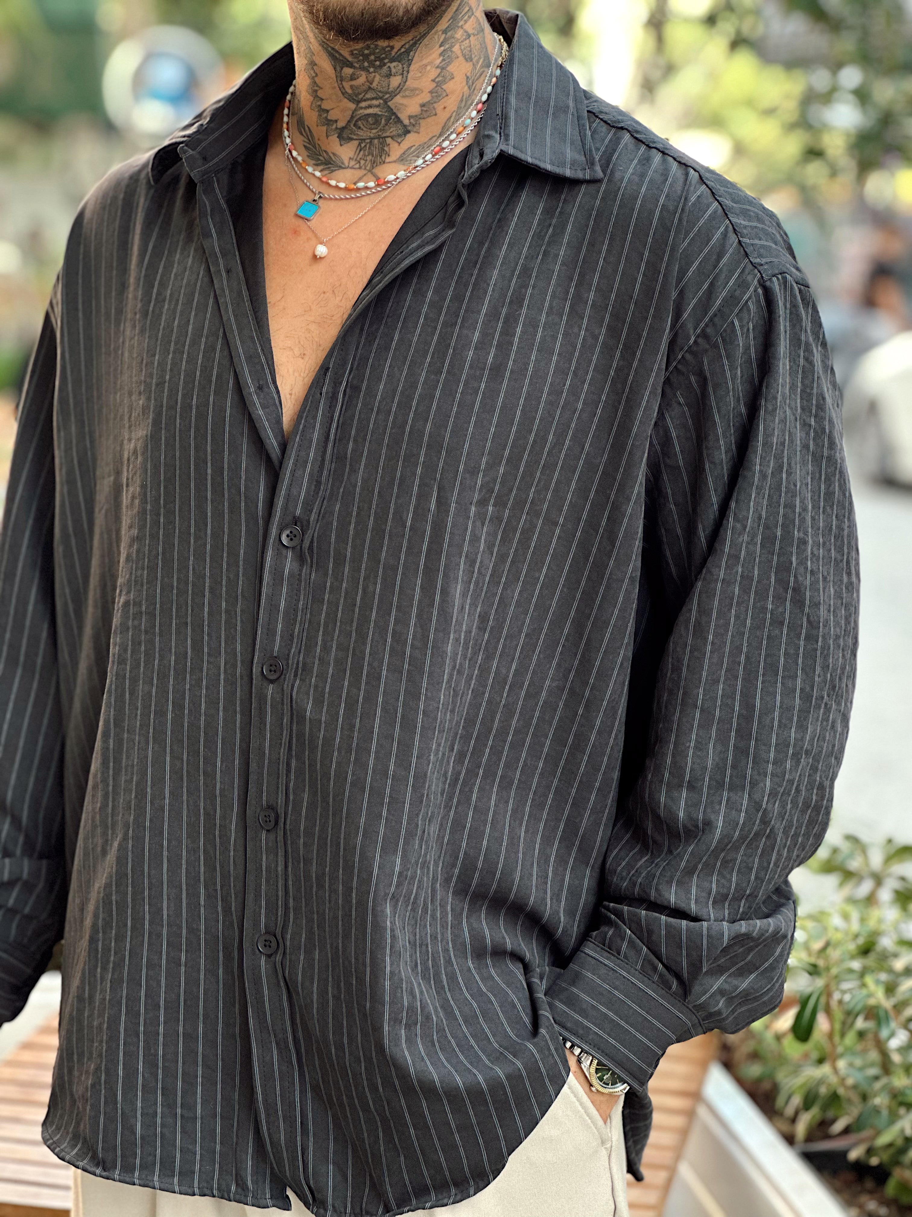 MG4009 - Oversize Çizgili Modal Gömlek Siyah