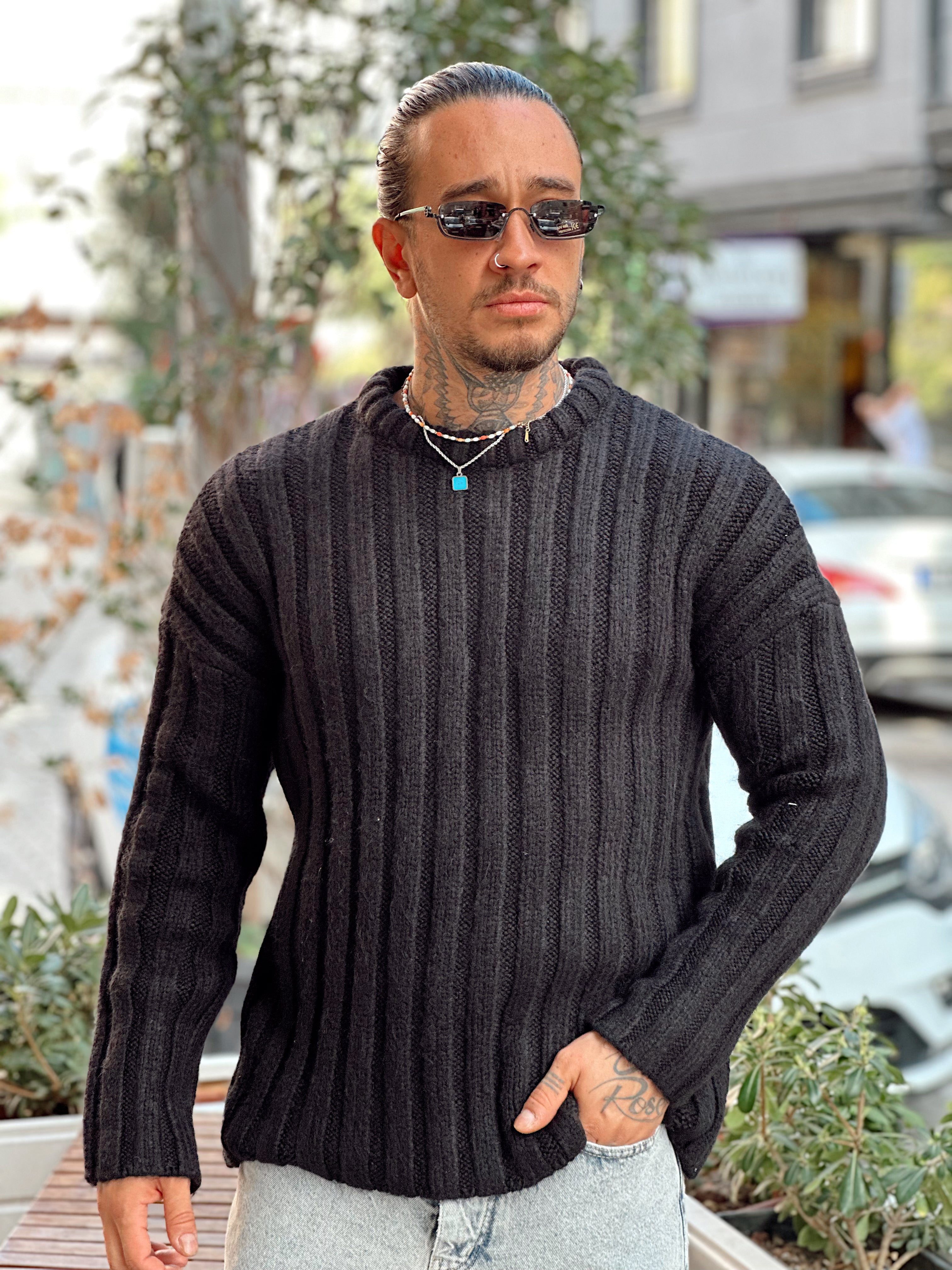 MS4008 - Kendinden Şeritli Yarım Balıkçı Sweatshirt siyah