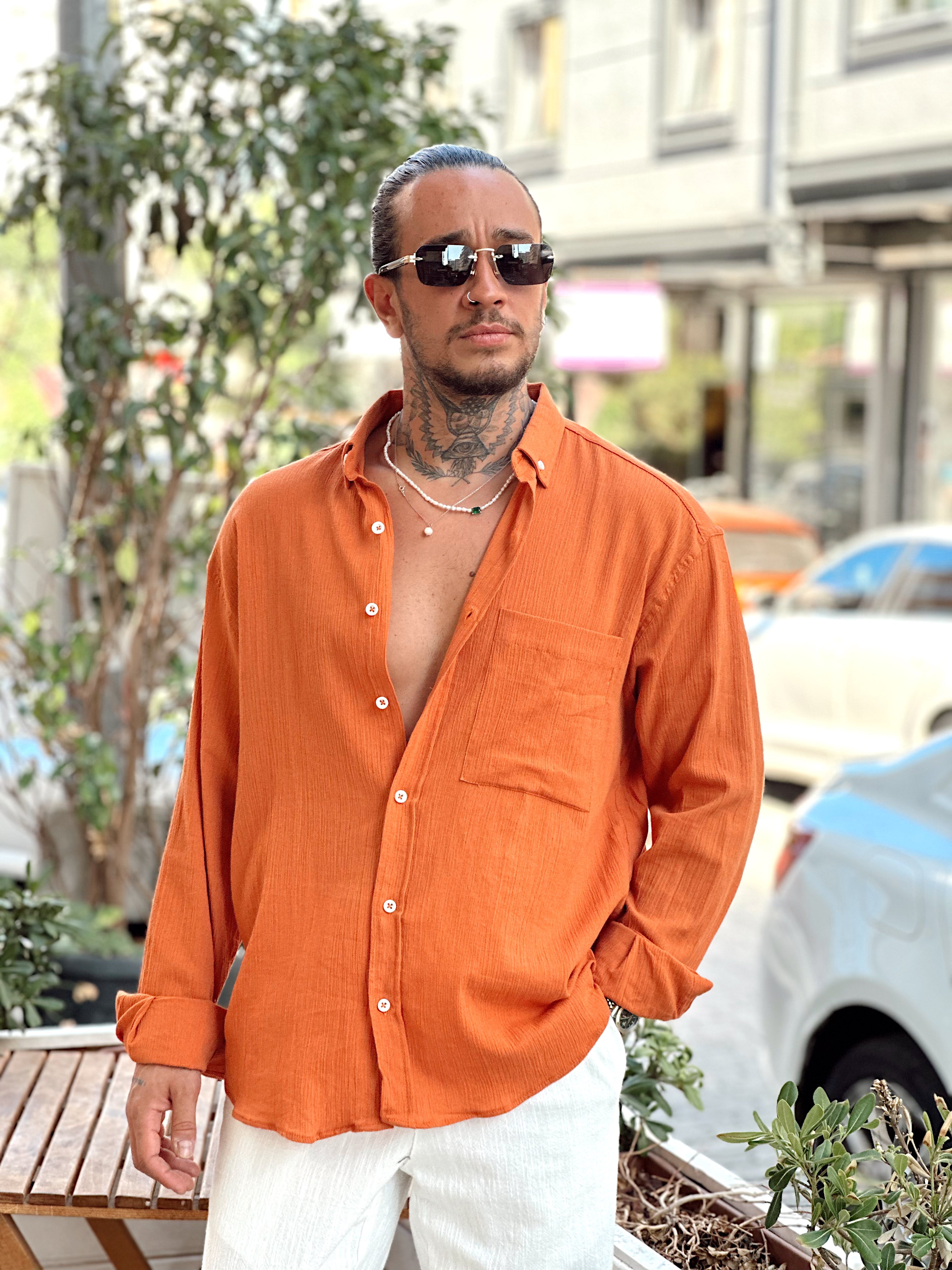 MG3092 - Oversize Krinkıl Keten Gömlek turuncu