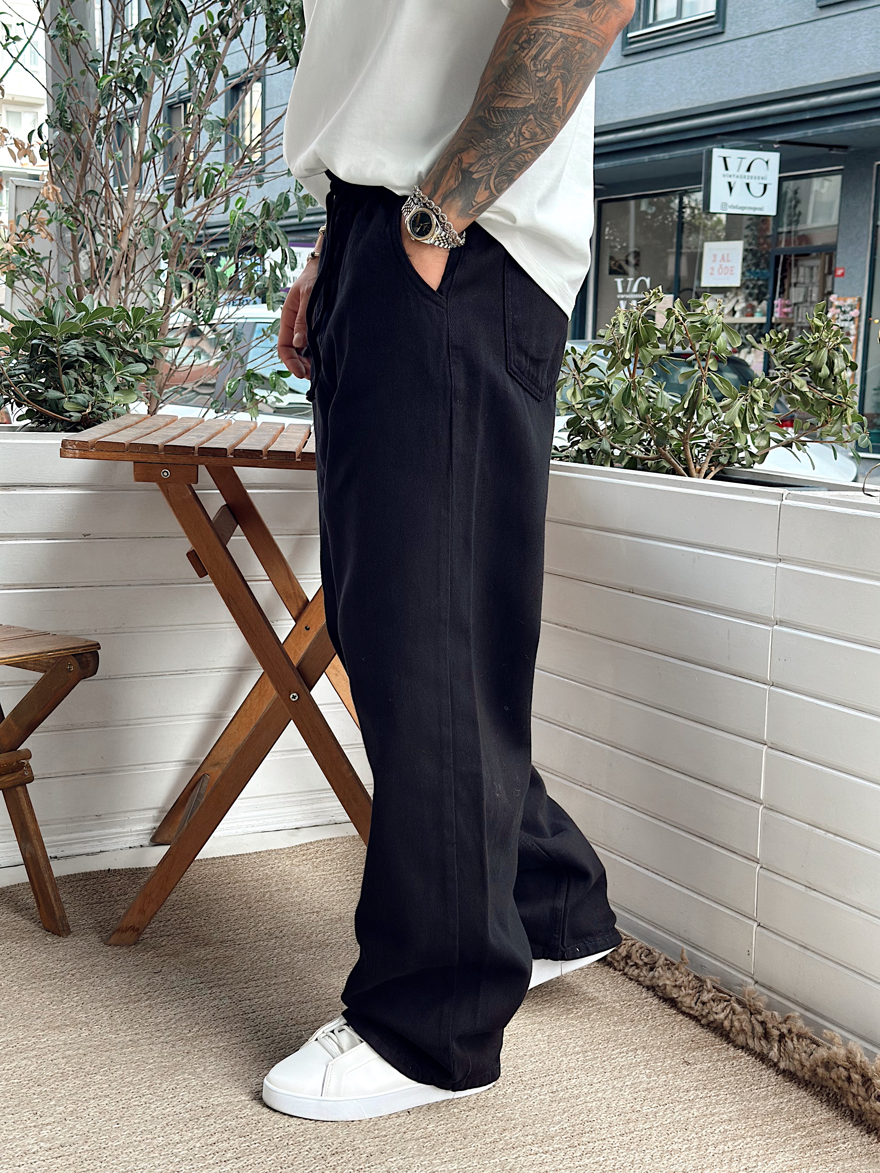MP4081 - Beli İpli Baggy Gabardin Pantolon siyah
